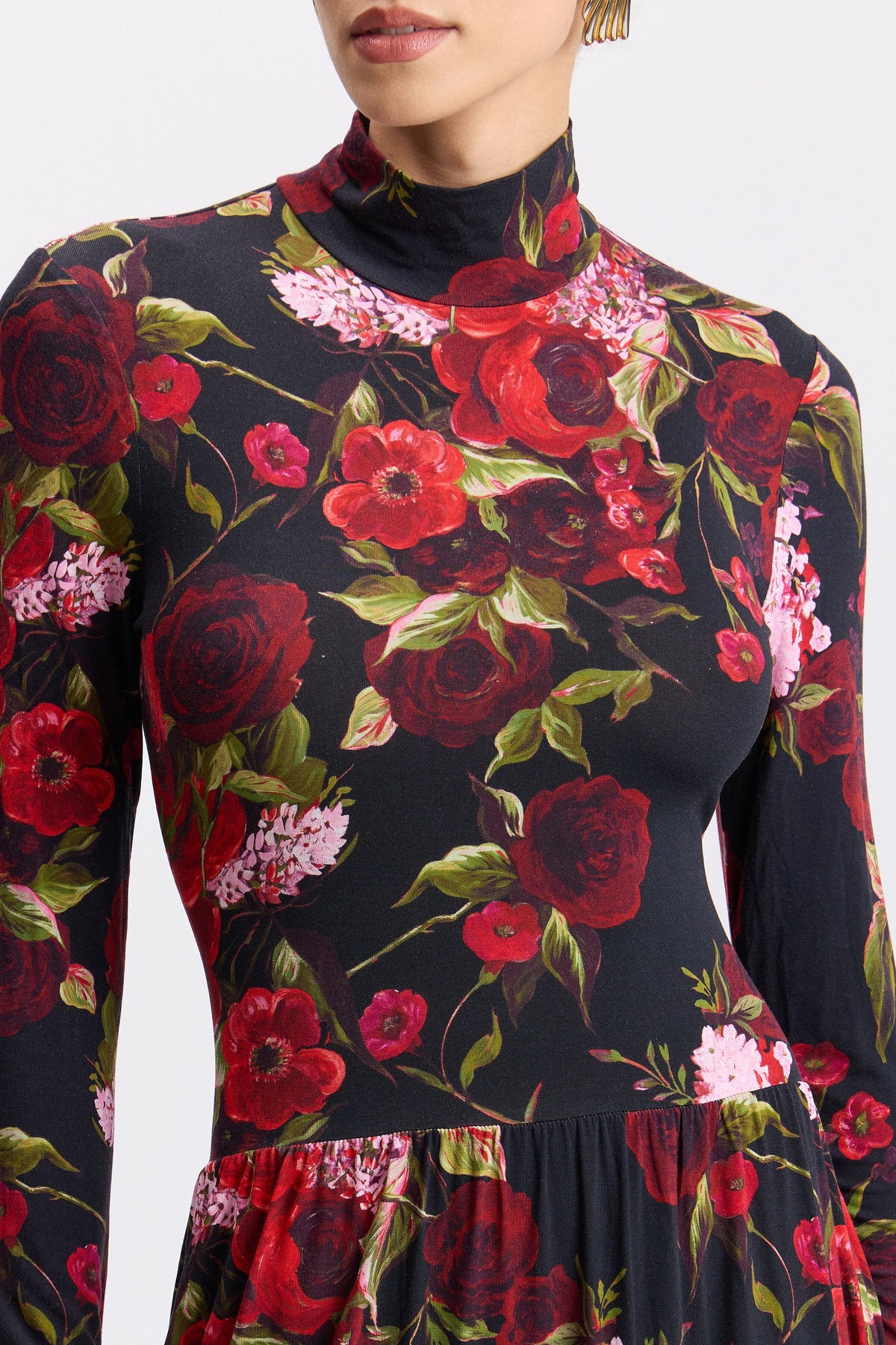 Black floral-print long sleeve midi dress with fitted mock neck - Shop evening dresses by Avec Les Filles.