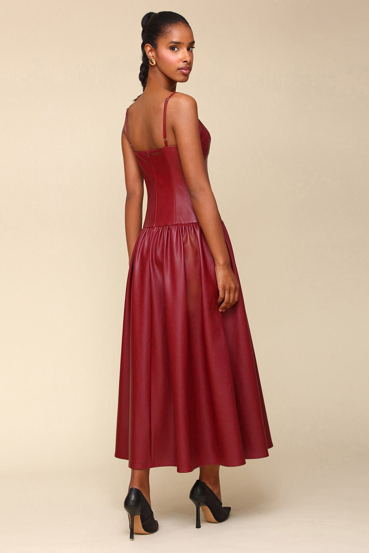 Burgundy Red Faux Leather Drop Waist Maxi Long Dress - Cute women's designer faux vegan leather dresses by Avec Les Filles
