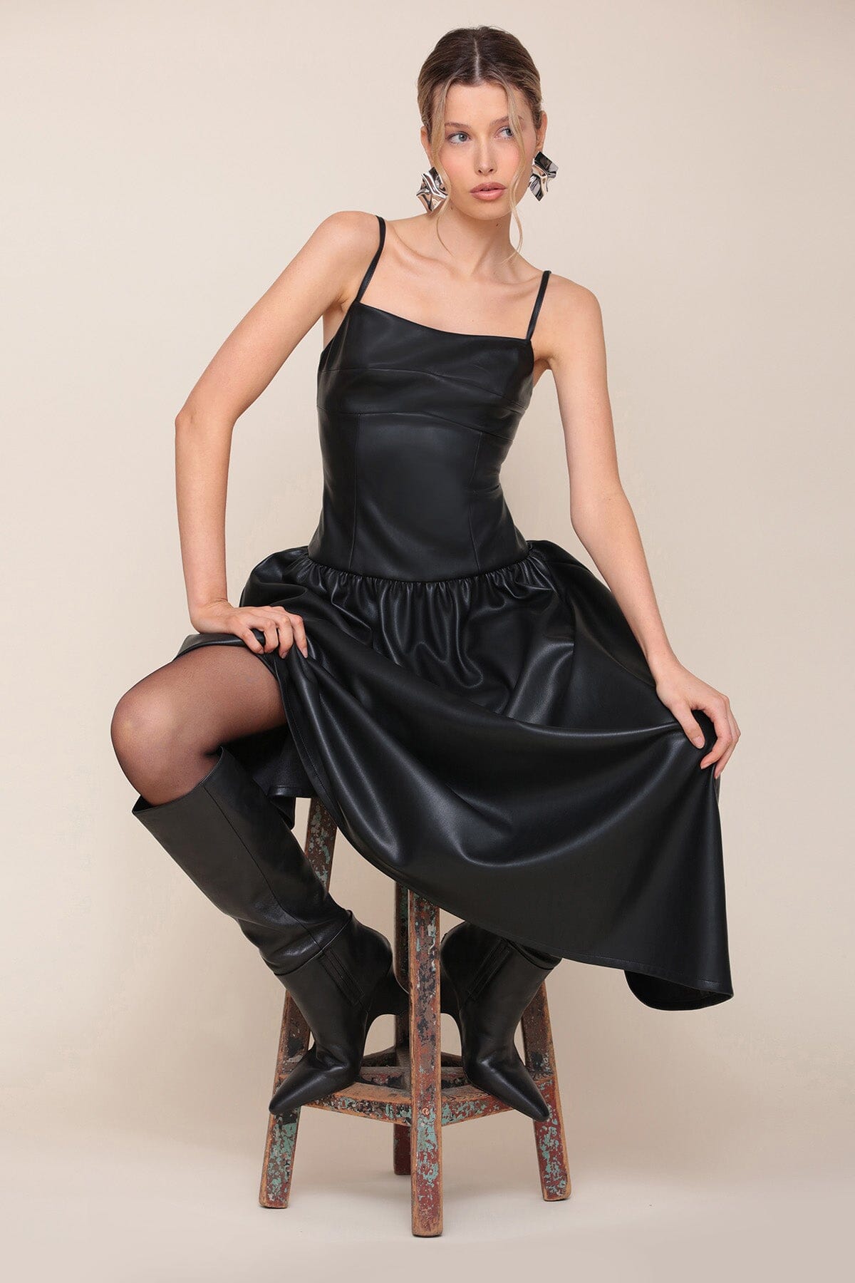 Black Faux Leather Drop Waist Maxi Dress - Cute designer faux vegan leather dresses by Avec Les Filles