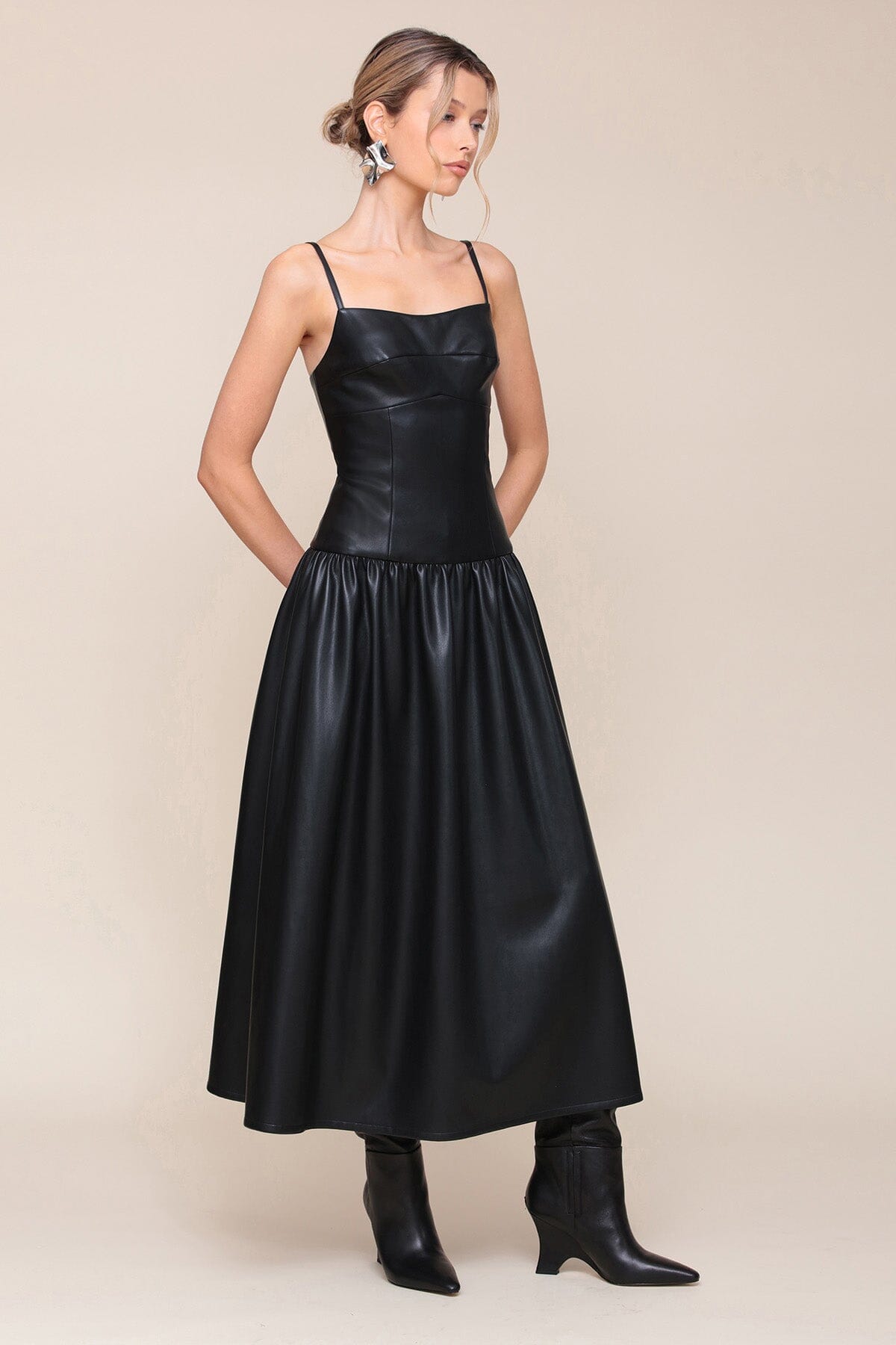 Black Faux Leather Drop Waist Maxi Dress - Cute designer faux vegan leather dresses by Avec Les Filles