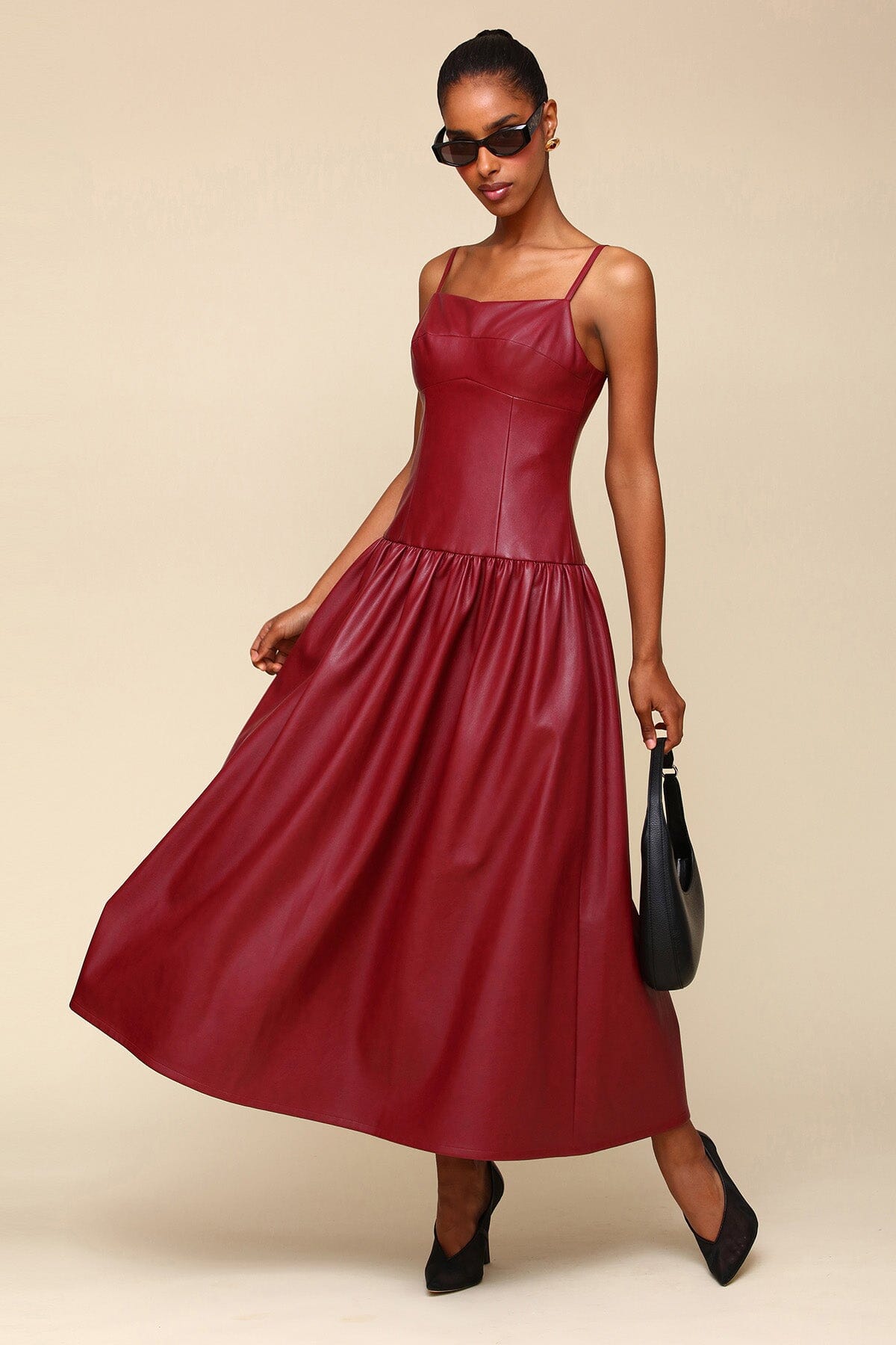 Burgundy Red Faux Leather Drop Waist Maxi Long Dress - Cute women's designer faux vegan leather dresses by Avec Les Filles
