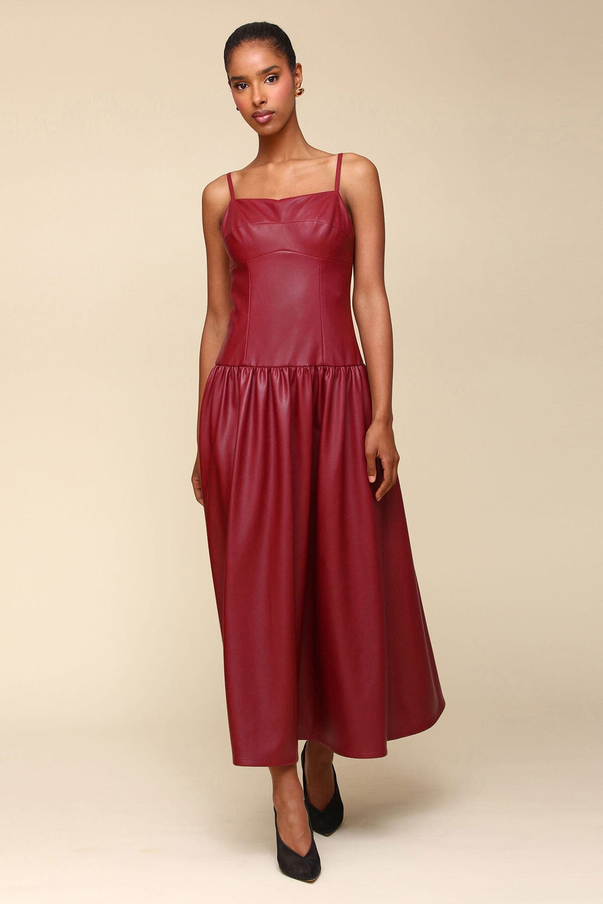 Burgundy Red Faux Leather Drop Waist Maxi Long Dress - Cute women's designer faux vegan leather dresses by Avec Les Filles