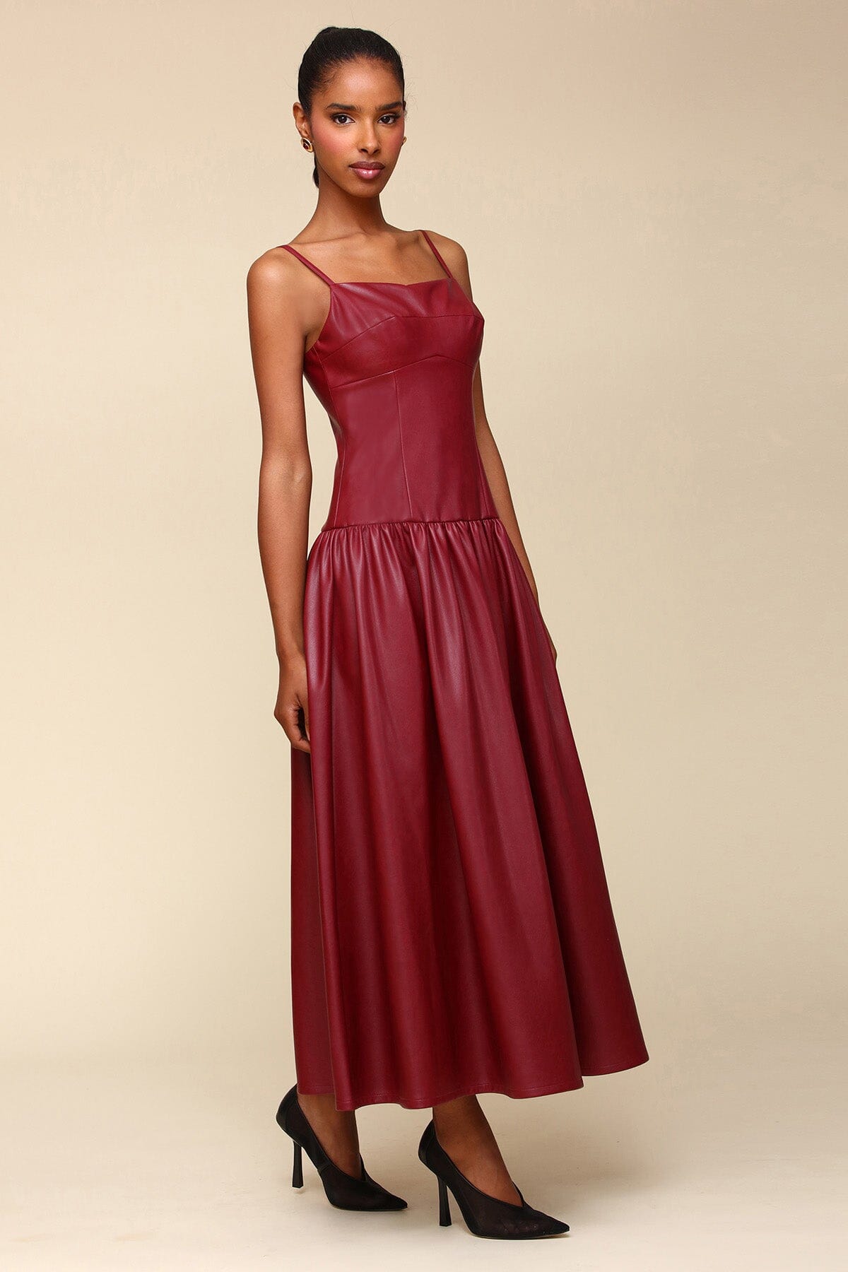 Burgundy Red Faux Leather Drop Waist Maxi Long Dress - Cute women's designer faux vegan leather dresses by Avec Les Filles