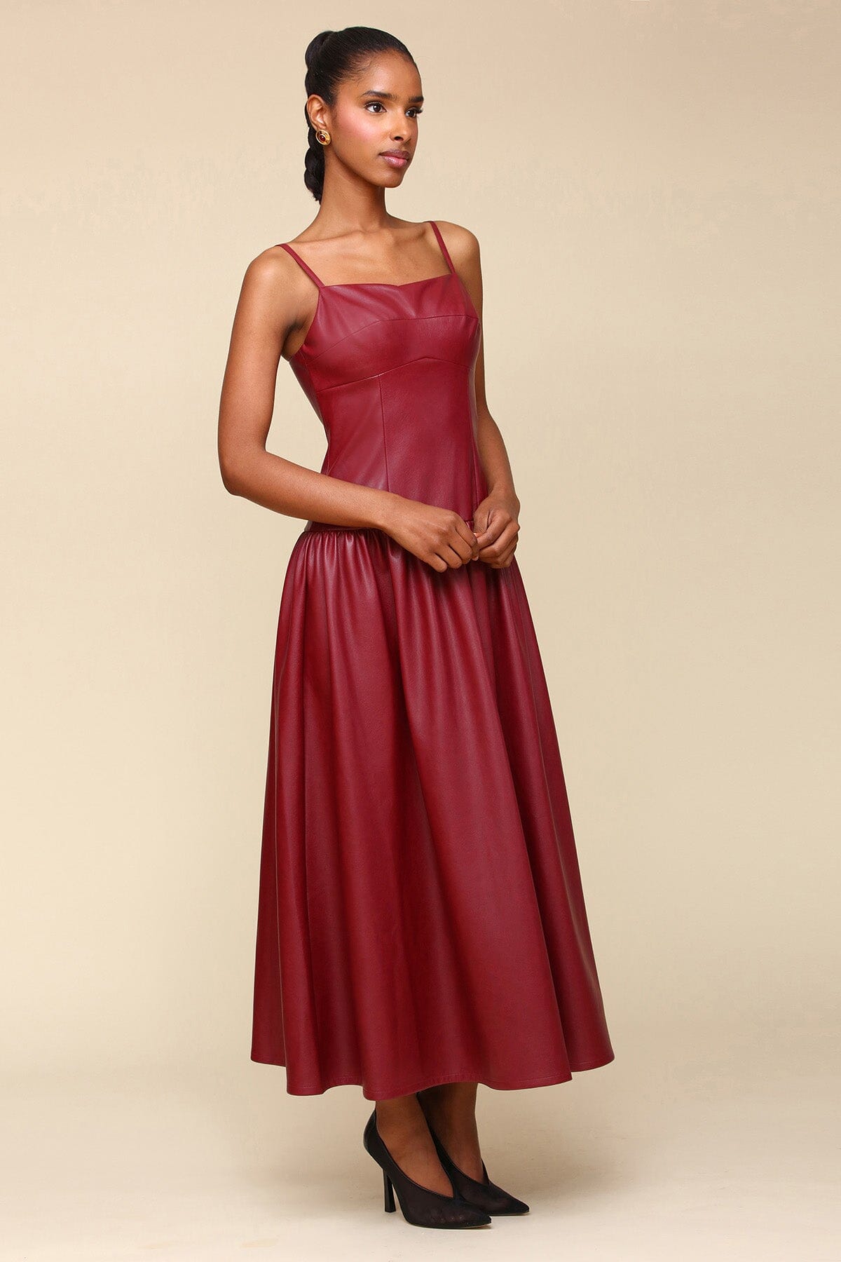 Burgundy Red Faux Leather Drop Waist Maxi Long Dress - Cute women's designer faux vegan leather dresses by Avec Les Filles