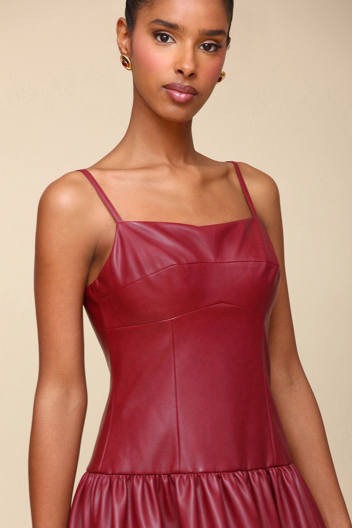 Burgundy Red Faux Leather Drop Waist Maxi Long Dress - Cute women's designer faux vegan leather dresses by Avec Les Filles