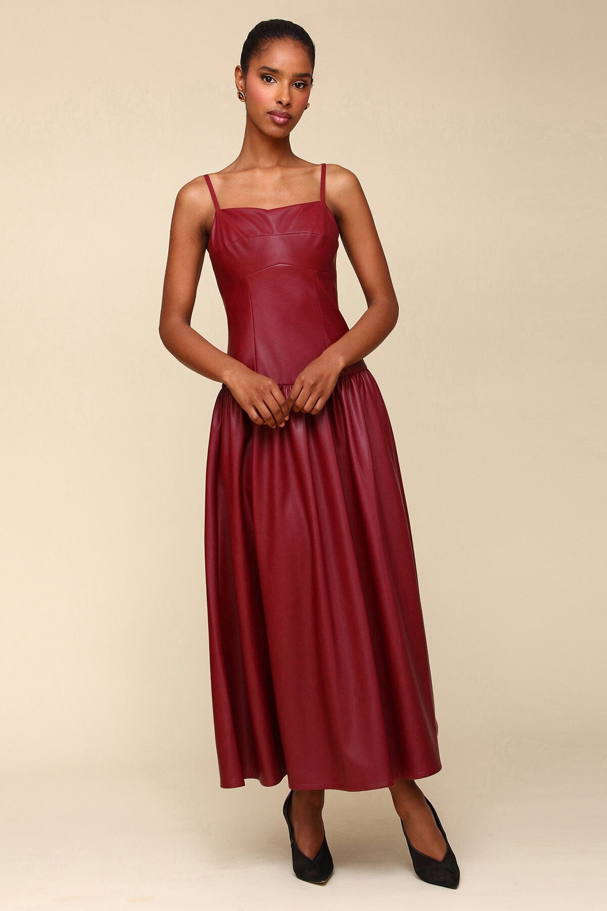 Burgundy Red Faux Leather Drop Waist Maxi Long Dress - Cute women's designer faux vegan leather dresses by Avec Les Filles