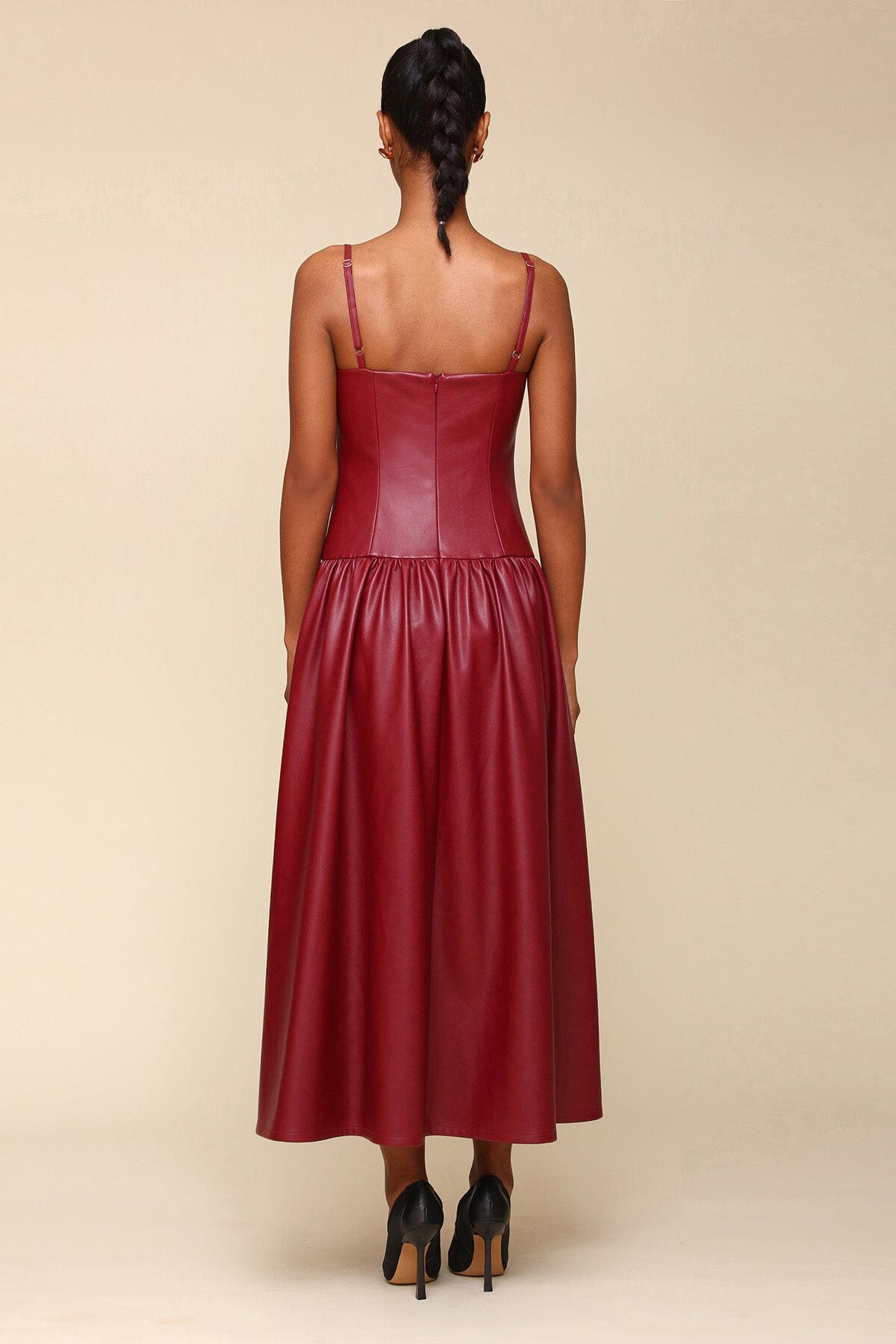 Burgundy Red Faux Leather Drop Waist Maxi Long Dress - Cute women's designer faux vegan leather dresses by Avec Les Filles