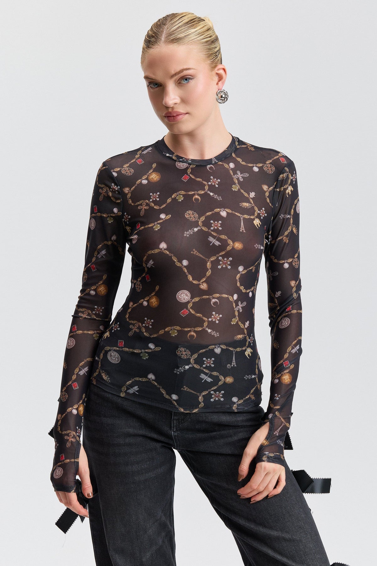 Printed black long sleeve mesh top with a round neckline - Shop designer women's cute black tops by Avec Les Filles.