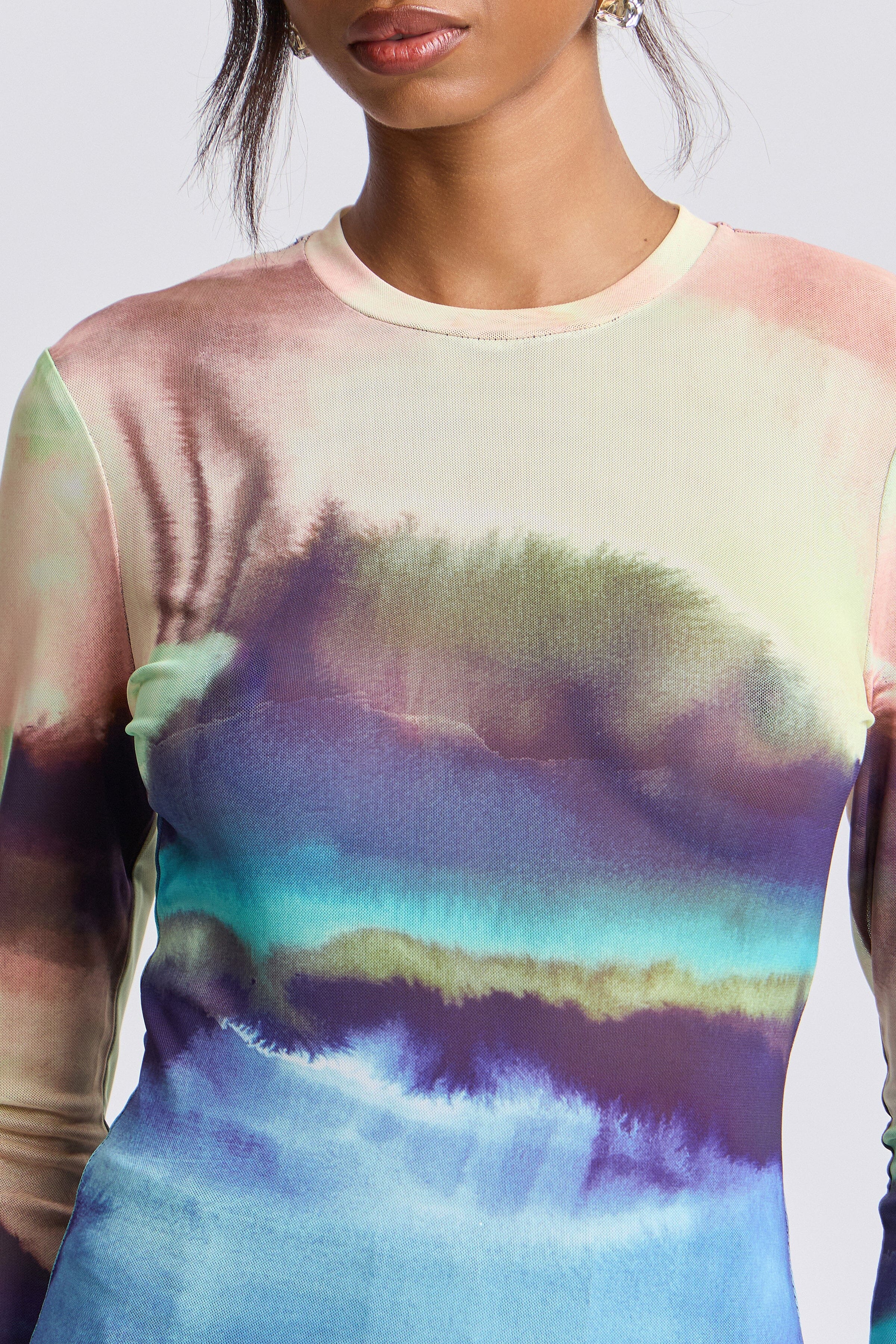 Colorful printed mesh top with crew neck - Shop designer women's cute fitted tops by Avec Les Filles.