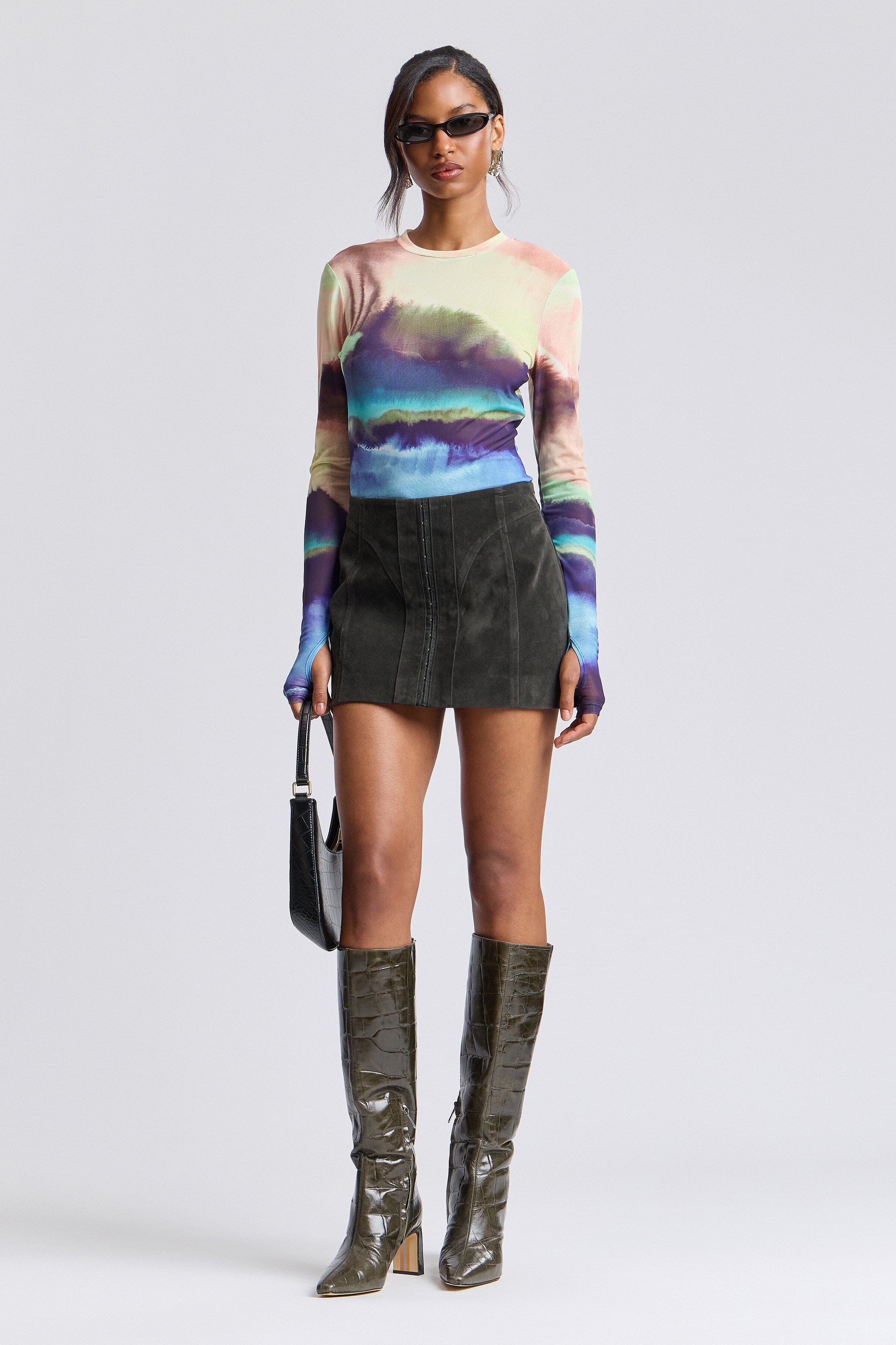 Printed womens mesh top with crew neck and long sleeves - Shop designer fitted tops by Avec Les Filles.
