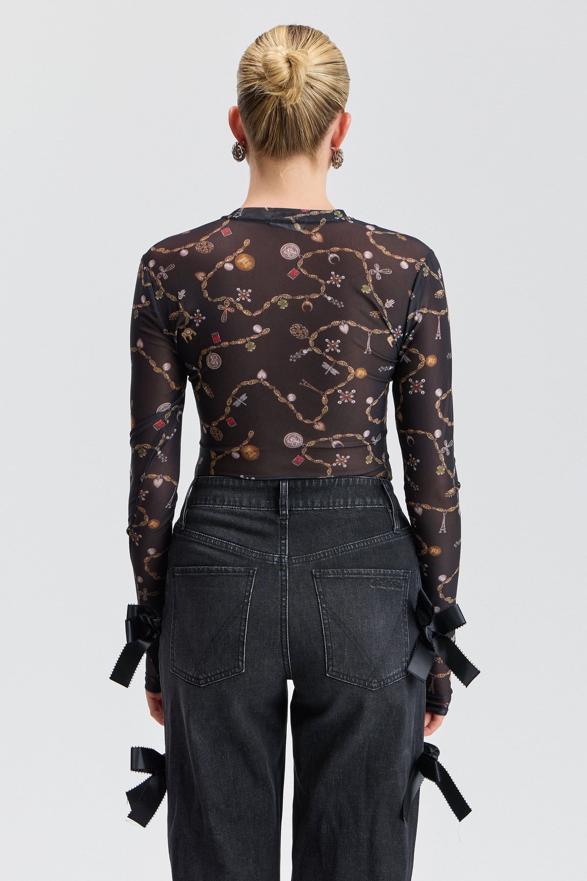 Long-sleeve printed mesh black sheer top - Shop designer women's cute black tops by Avec Les Filles.