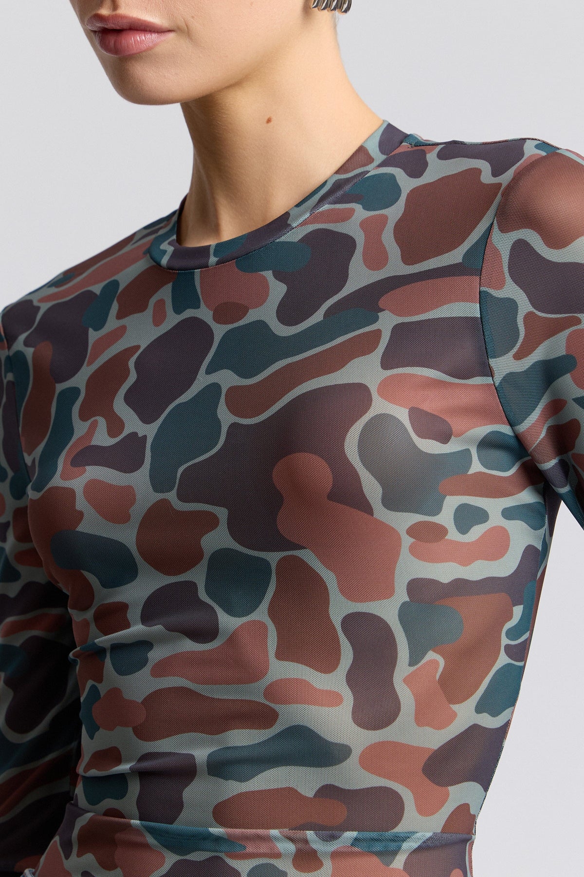 Multicolor printed womens camouflage top with crew neck - Shop designer mesh tops by Avec Les Filles.