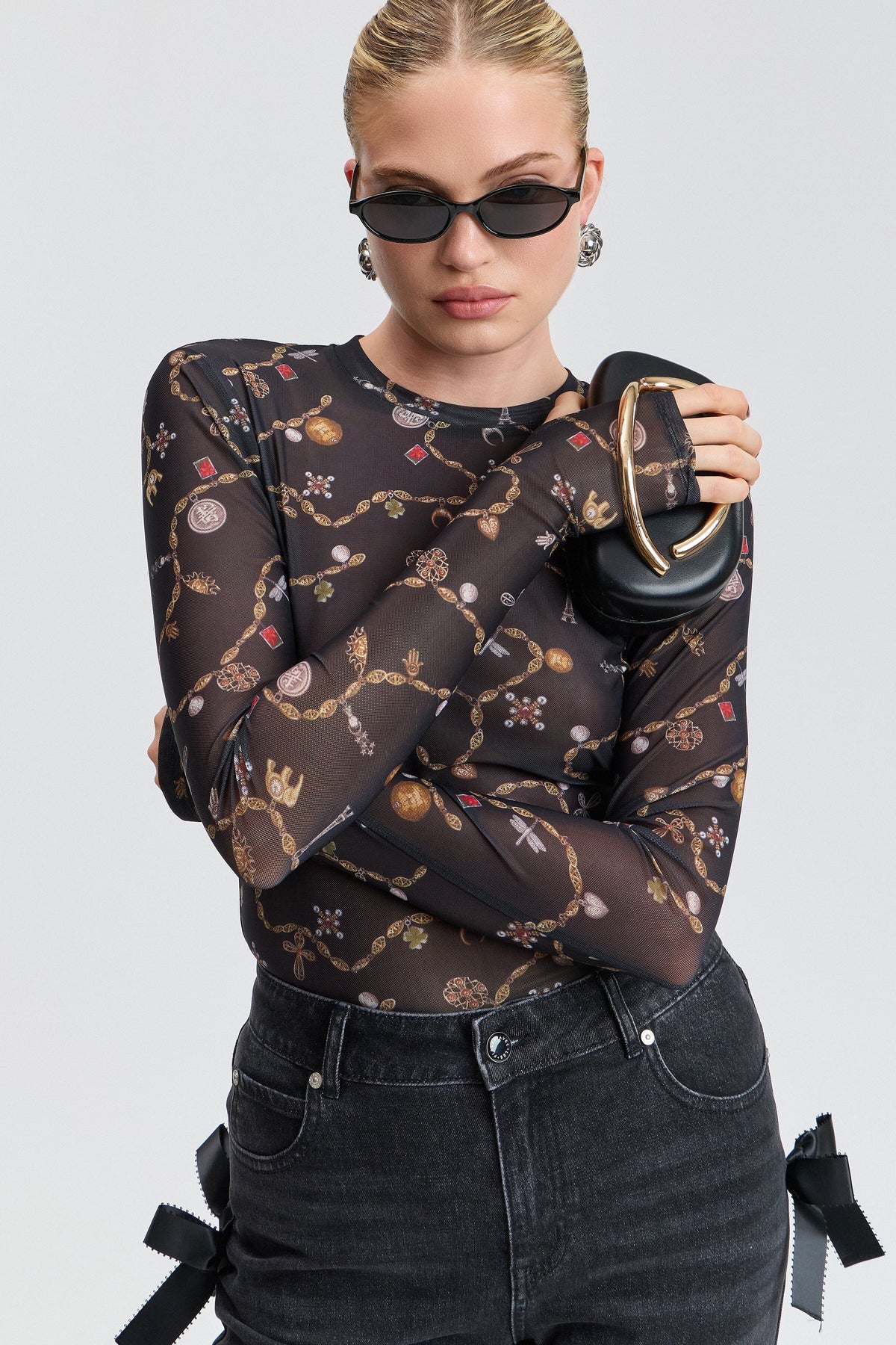 Long-sleeve printed mesh sheer black top with round neck - Shop women's cute black tops by Avec Les Filles.