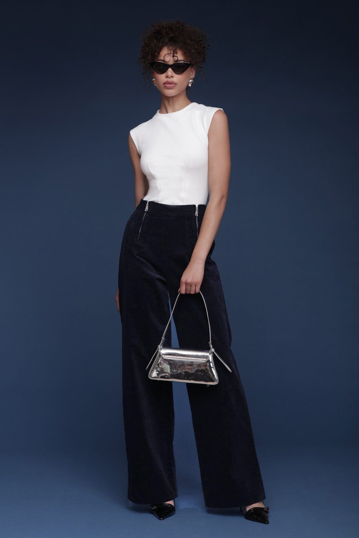 Double zip wide leg navy corduroy pant made from cotton blend with a high-rise waist and belt loops - Cute women's pants by Avec Les Filles