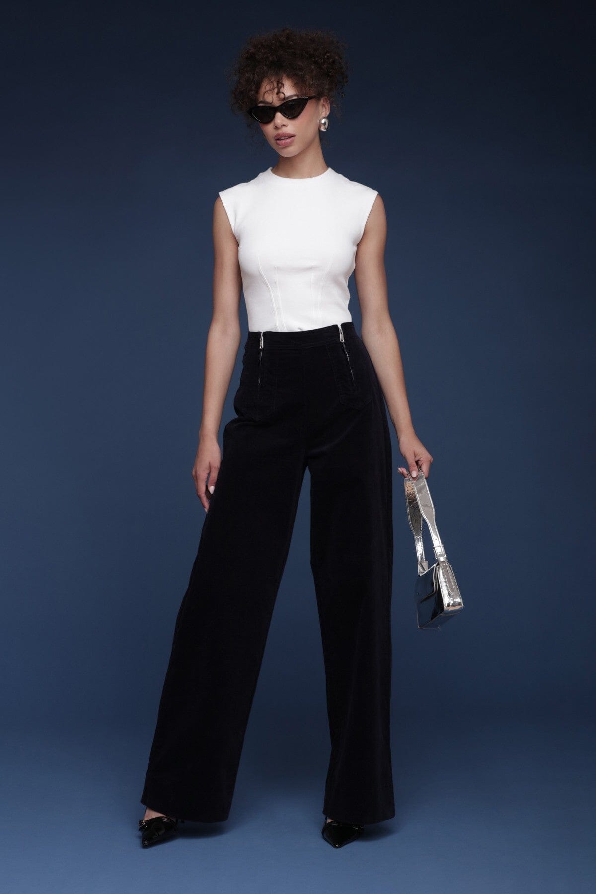 Double zip wide leg navy corduroy pant made from cotton blend with a high-rise waist and belt loops - Cute women's pants by Avec Les Filles