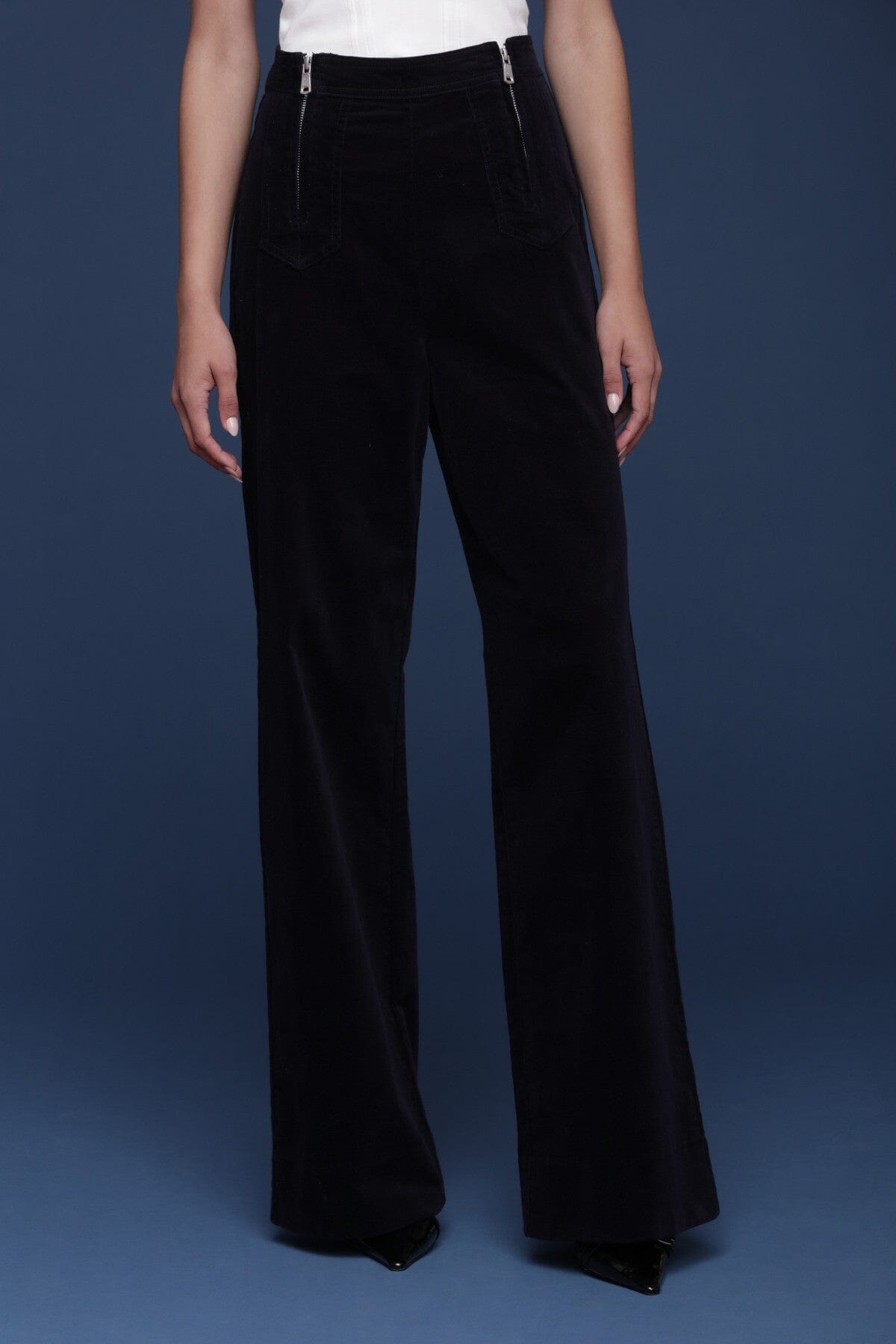 Double zip wide leg navy corduroy pant made from cotton blend with a high-rise waist and belt loops - Cute women's pants by Avec Les Filles