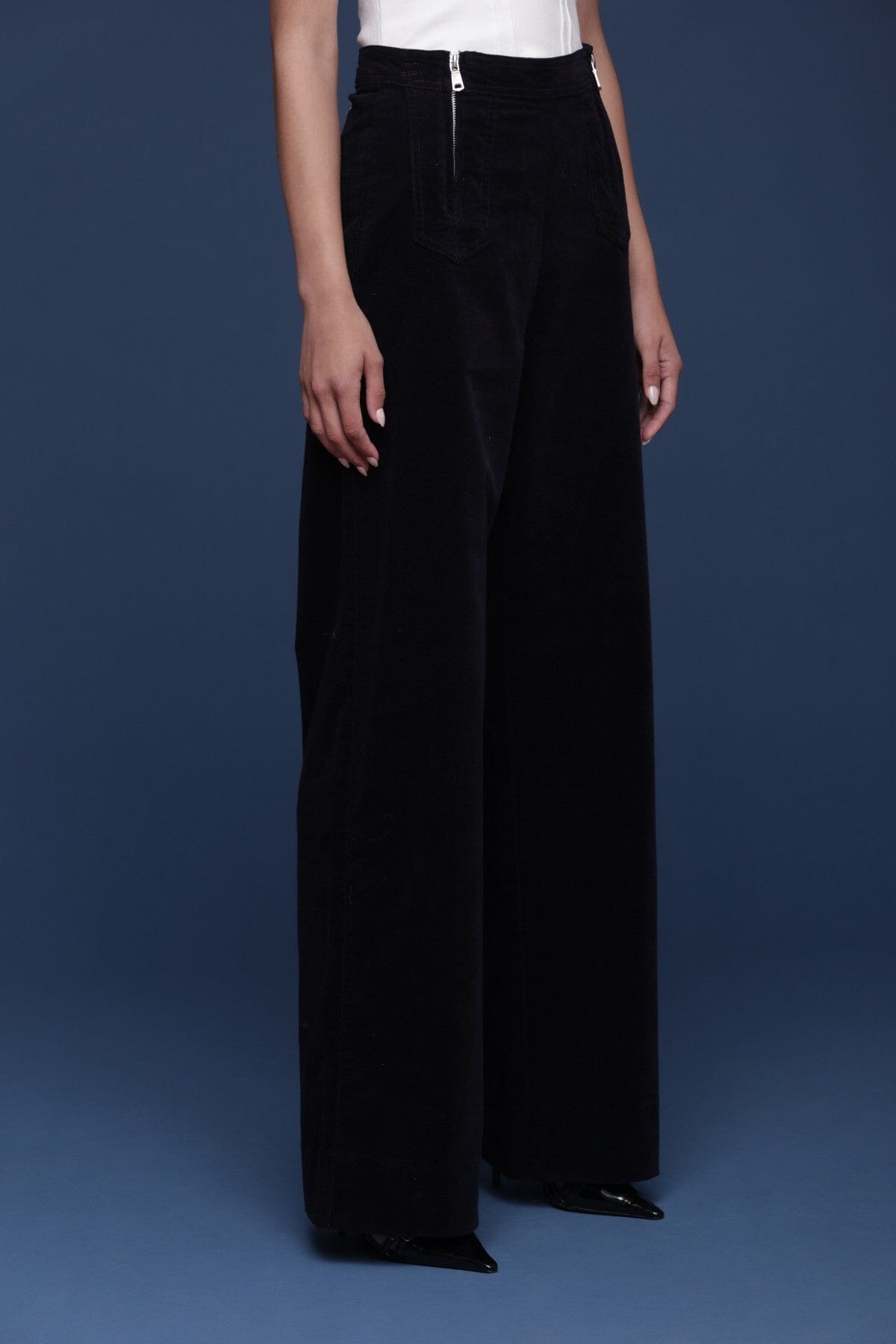 Double zip wide leg navy corduroy pant made from cotton blend with a high-rise waist and belt loops - Cute women's pants by Avec Les Filles