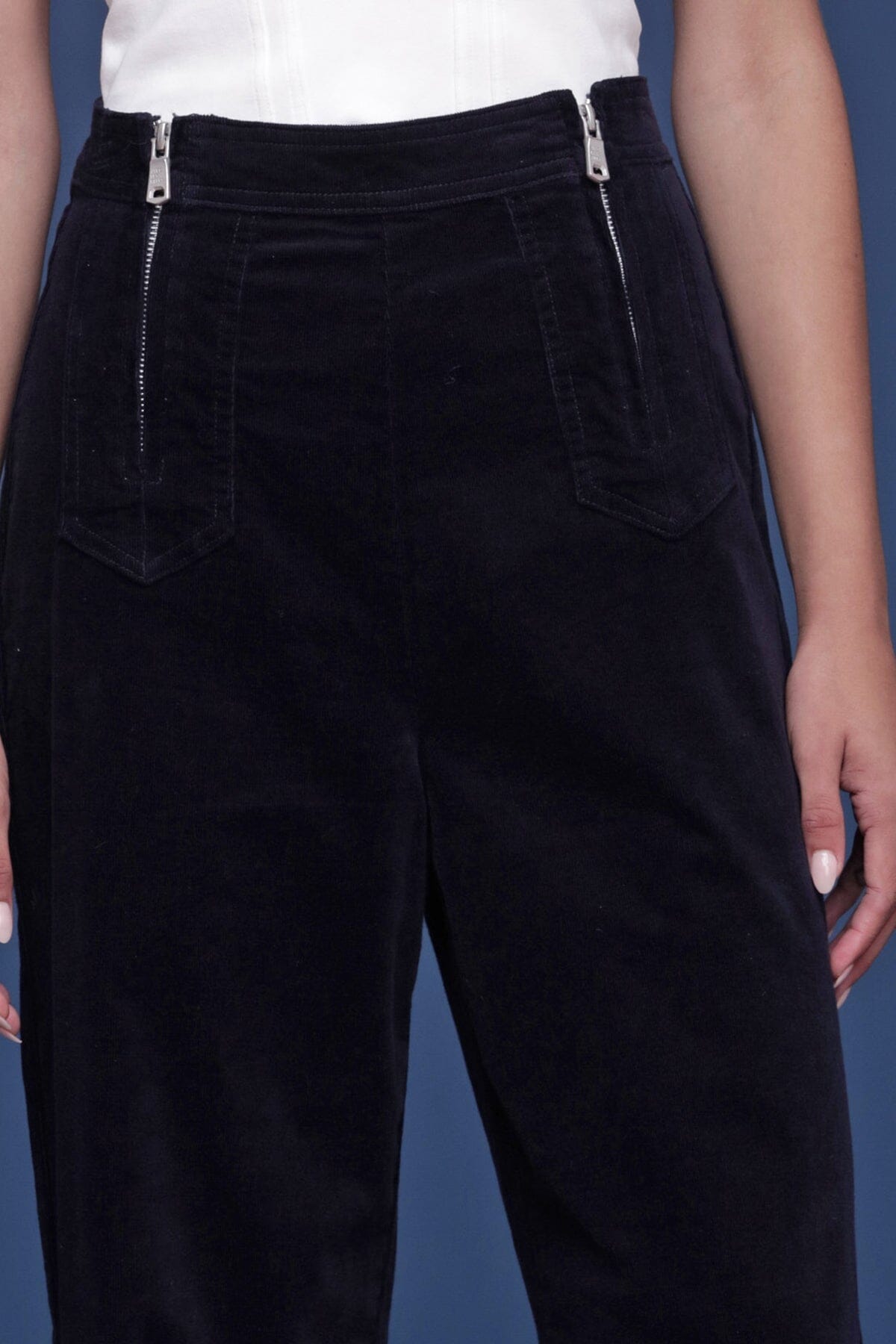 Double zip wide leg navy corduroy pant made from cotton blend with a high-rise waist and belt loops - Cute women's pants by Avec Les Filles