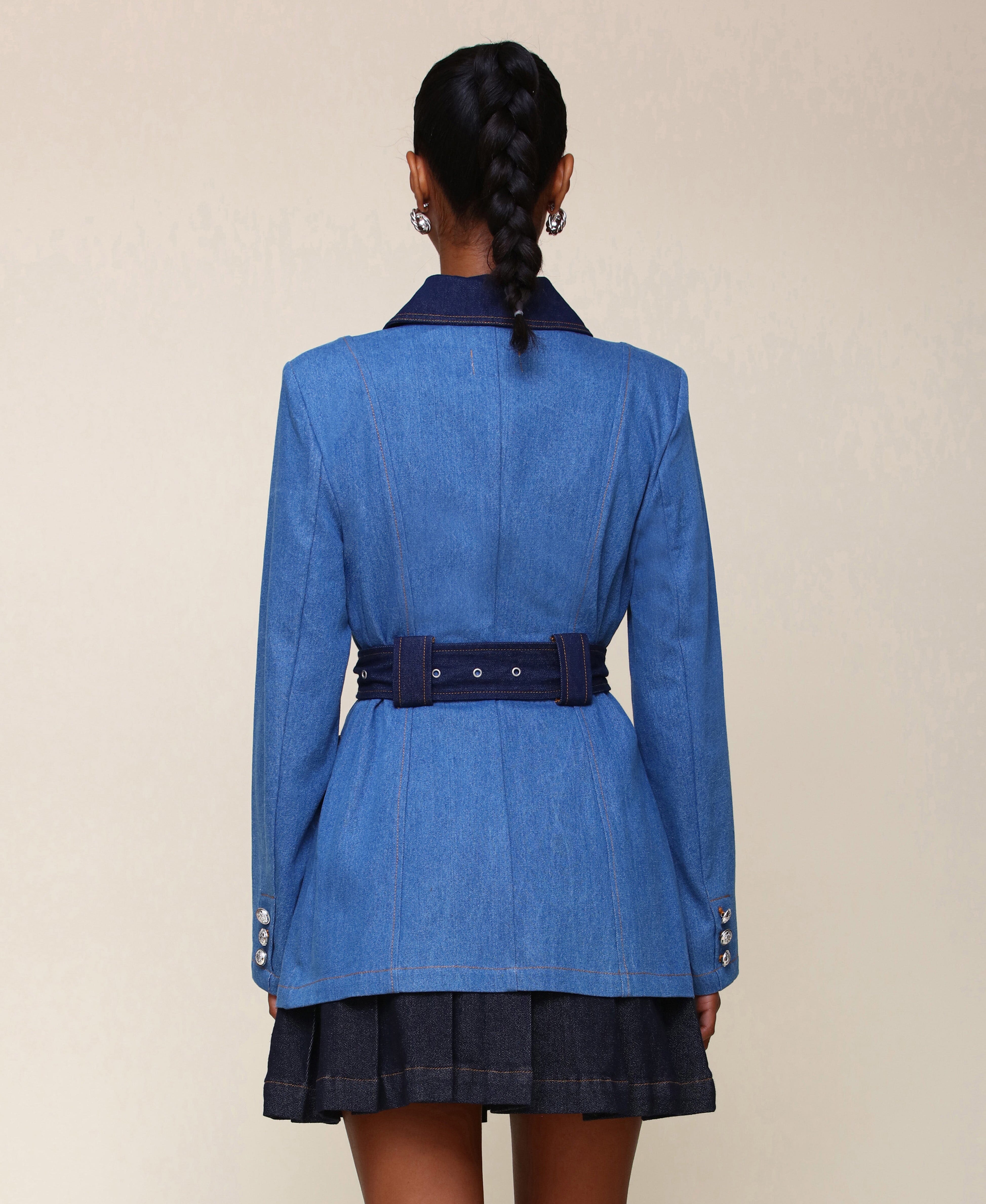HB-83905 Two-Tone Denim Belted Military Jacket Coats & Jackets Avec Les Filles