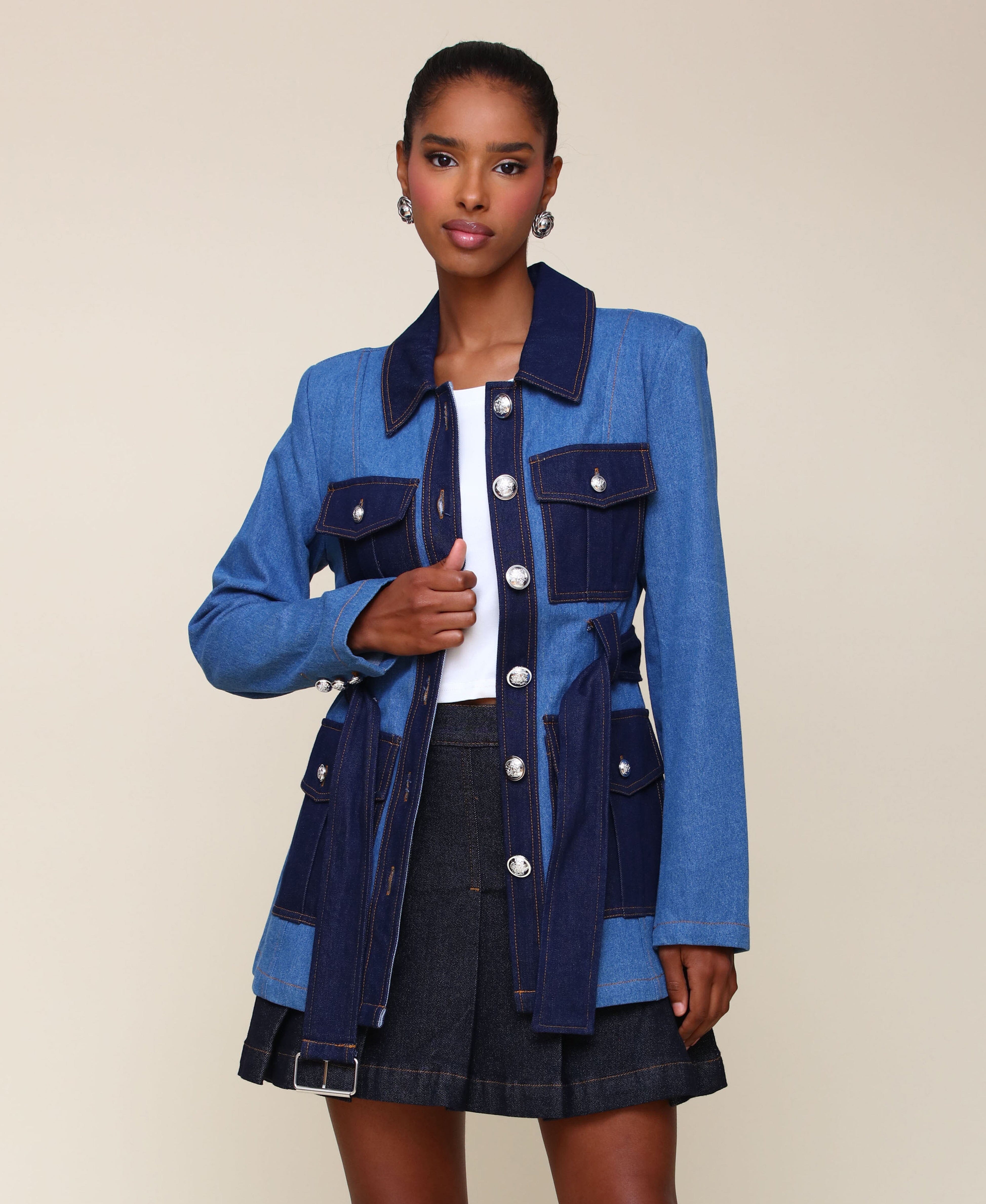 HB-83905 Two-Tone Denim Belted Military Jacket Coats & Jackets Avec Les Filles