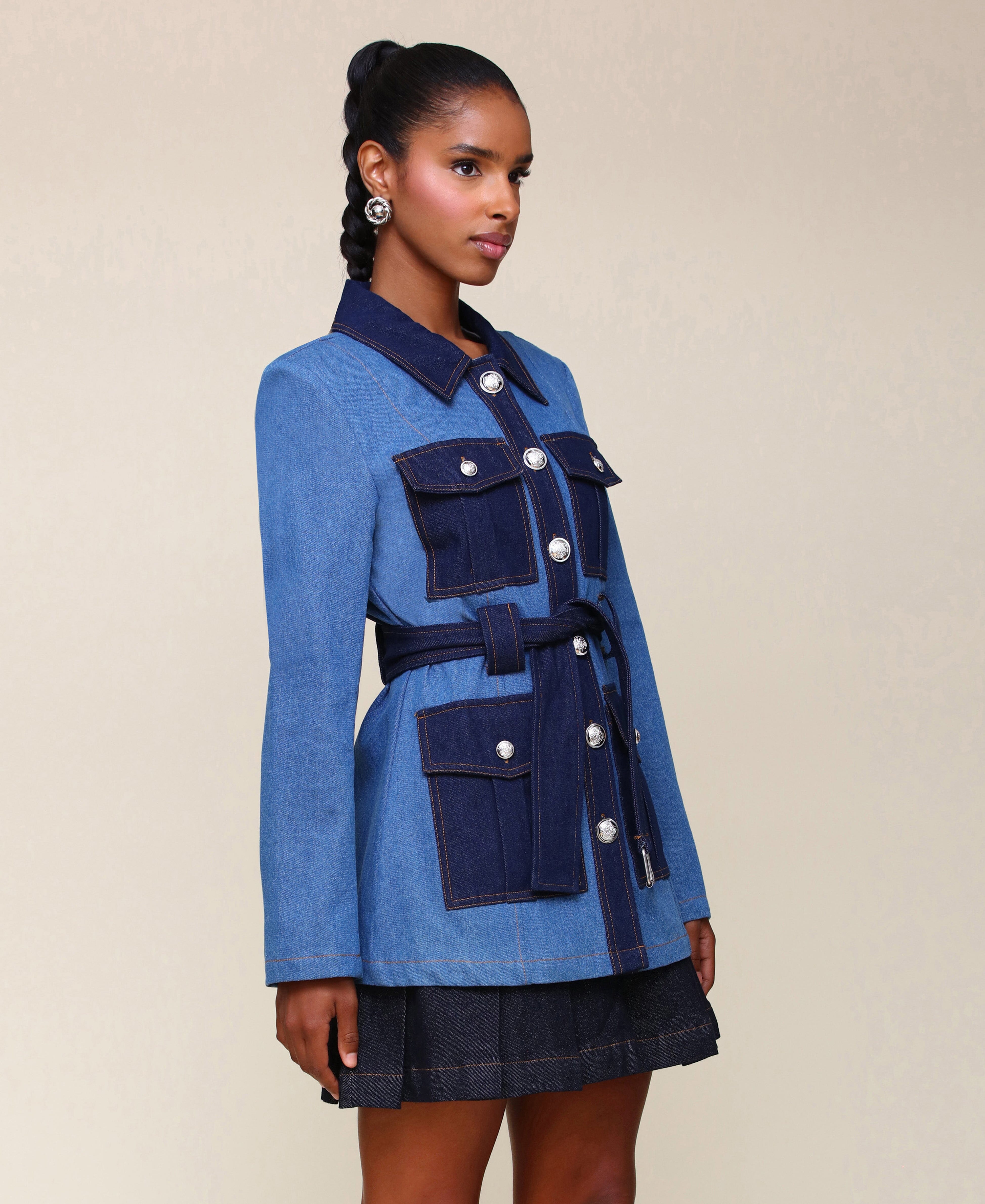 HB-83905 Two-Tone Denim Belted Military Jacket Coats & Jackets Avec Les Filles