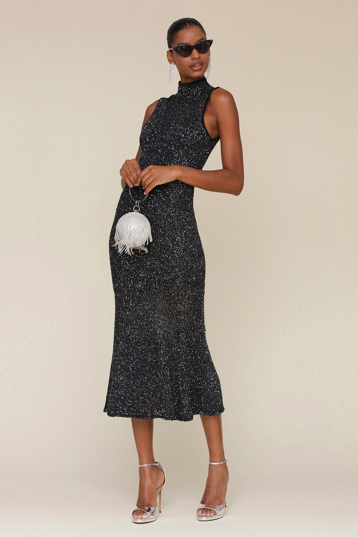 Black Silver Sequin Knit Sleeveless Bodycon Midi Dress - Cute women's dresses by Avec Les Filles. Perfect for the cocktail and holidays