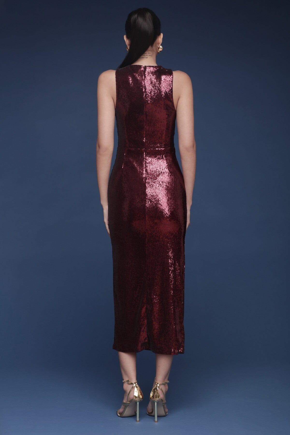 Rosette-embellished sequin red maxi dress with high side slit, crewneck, and hidden back zipper - Cute women's maxi dresses by Avec Les Filles
