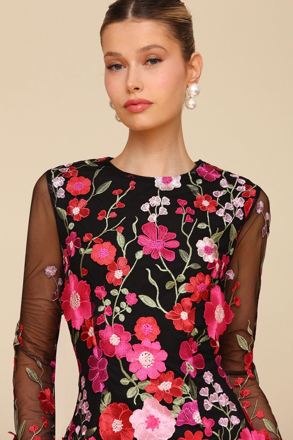 Black Pink Daisy Embroidered Mesh Long Sleeve Mini Dress - Cute womens dresses by Avec Les Filles. Perfect for cocktails and holidays
