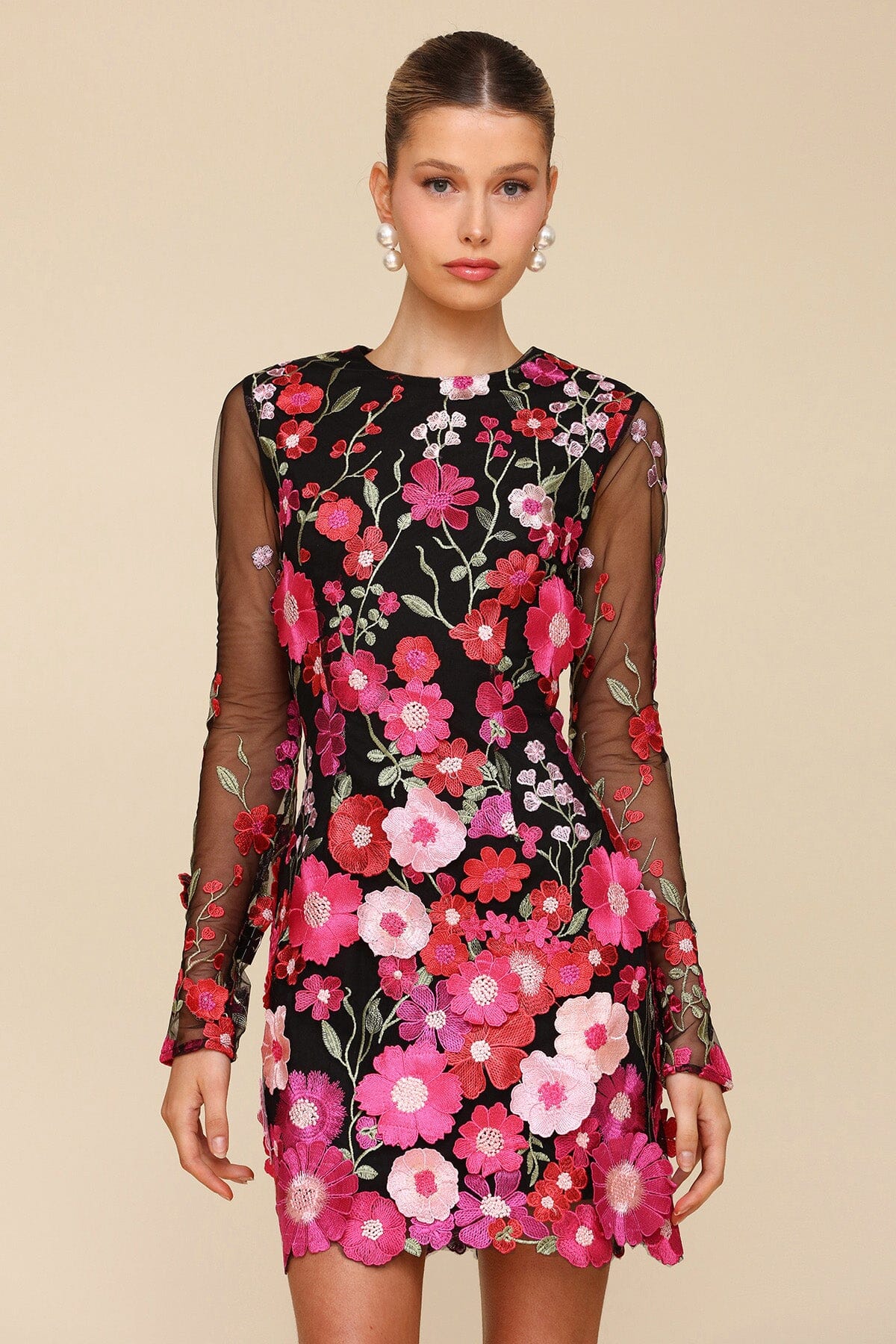 Black Pink Daisy Embroidered Mesh Long Sleeve Mini Dress - Cute womens dresses by Avec Les Filles. Perfect for cocktails and holidays