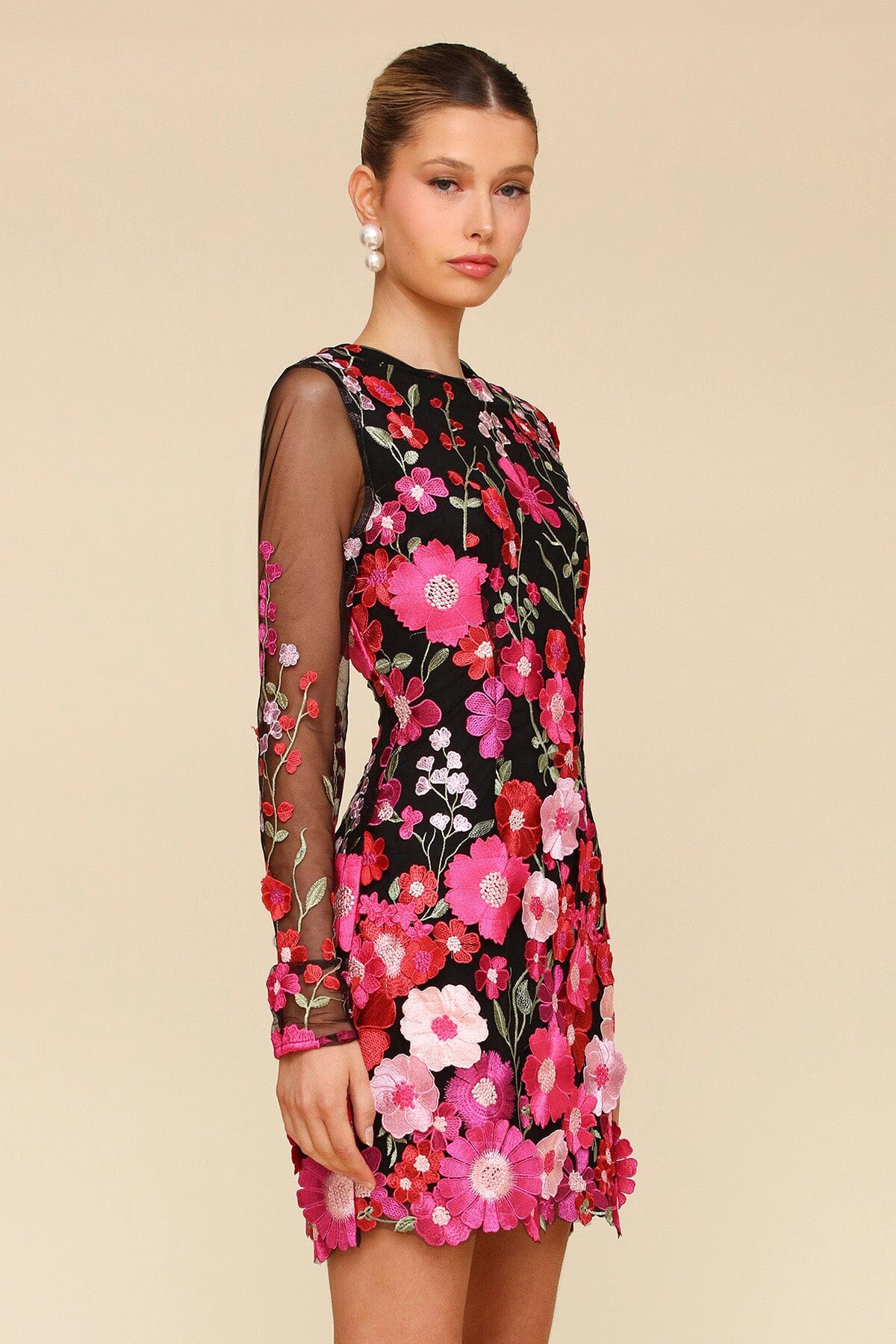 Black Pink Daisy Embroidered Mesh Long Sleeve Mini Dress - Cute womens dresses by Avec Les Filles. Perfect for cocktails and holidays