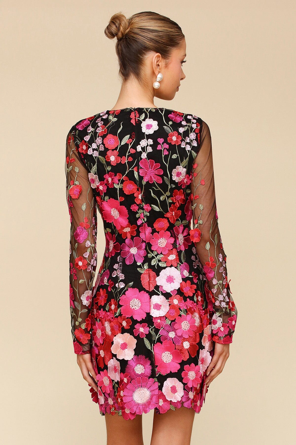 Black Pink Daisy Embroidered Mesh Long Sleeve Mini Dress - Cute womens dresses by Avec Les Filles. Perfect for cocktails and holidays