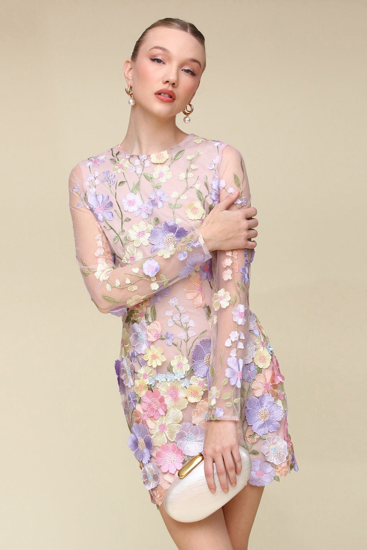 Daisy multicolor embroidered mesh mini dress with long sleeve - Cute women's mini dresses by Avec Les Filles. Perfect for cocktails and holidays