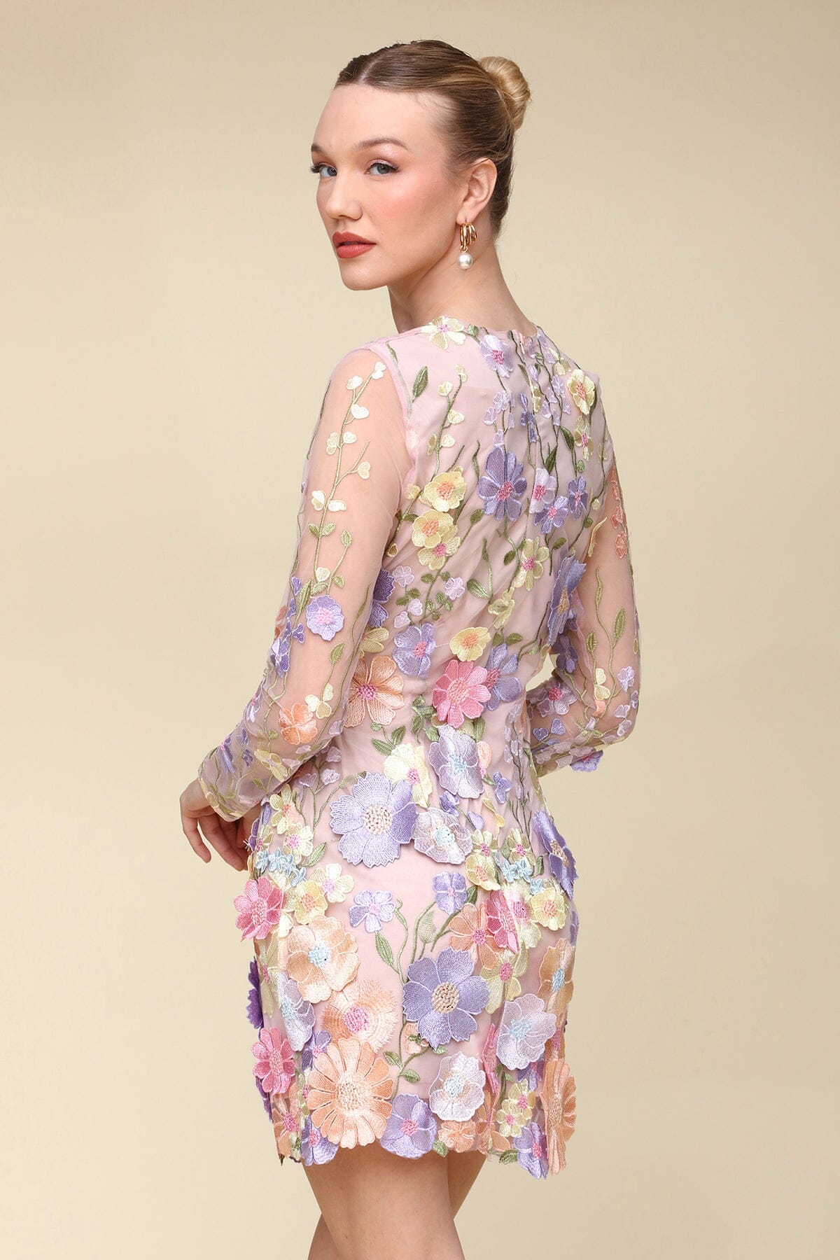 Daisy multicolor embroidered mesh mini dress with long sleeve, crew neckline and hidden back zipper closure - Cute women's mini dresses by Avec Les Filles