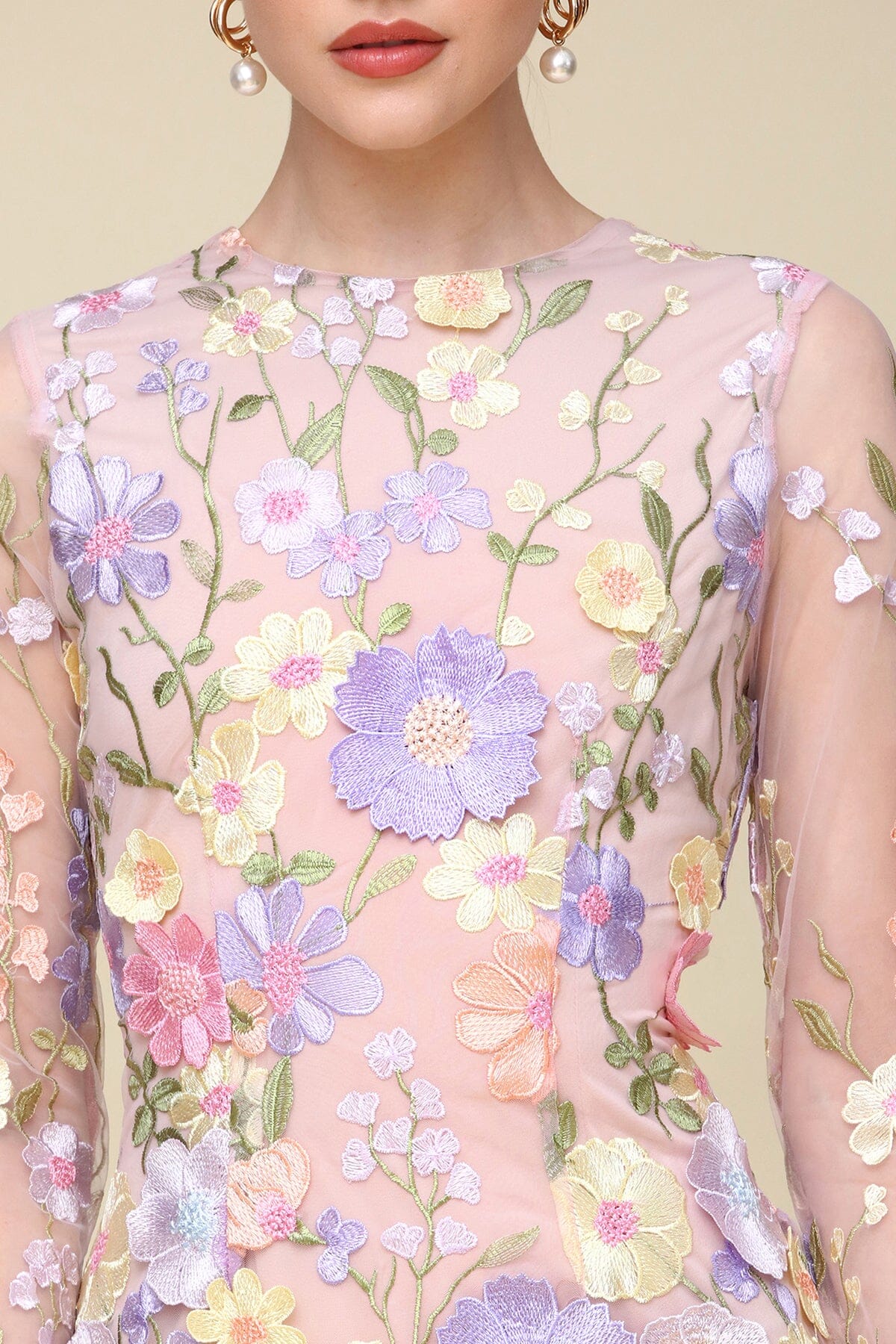 Daisy multicolor embroidered mesh mini dress with long sleeve, crew neckline and hidden back zipper closure - Cute women's mini dresses by Avec Les Filles