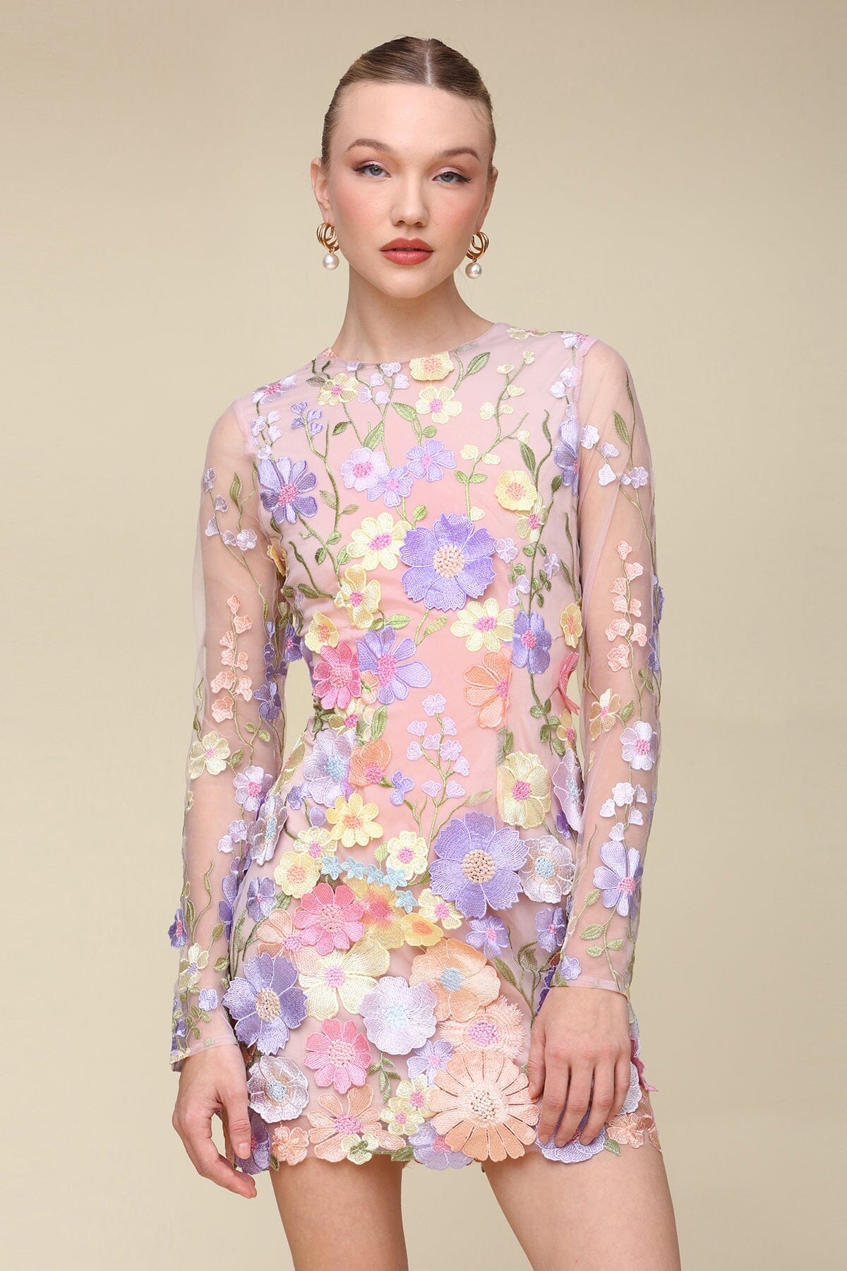 Daisy multicolor embroidered mesh mini dress with long sleeve, crew neckline and hidden back zipper closure - Cute women's mini dresses by Avec Les Filles