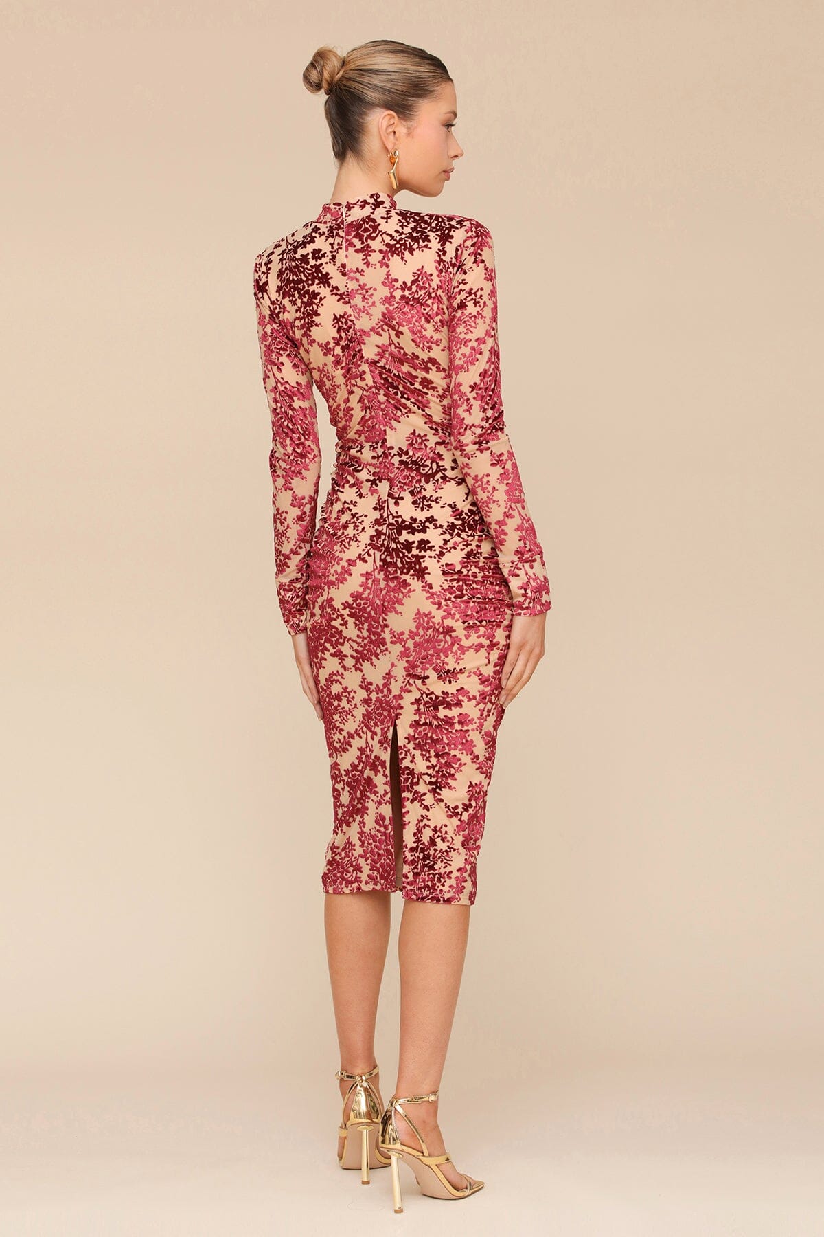Burgundy floral velvet ruched bodycon midi dress with long sleeves and mock neckline - Cute women's midi dresses by Avec Les Filles