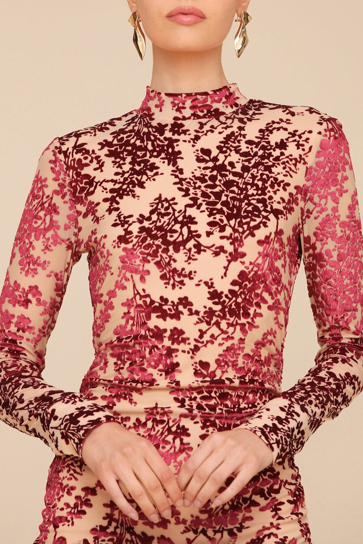 Burgundy floral velvet ruched bodycon midi dress with long sleeves and mock neckline - Cute women's midi dresses by Avec Les Filles