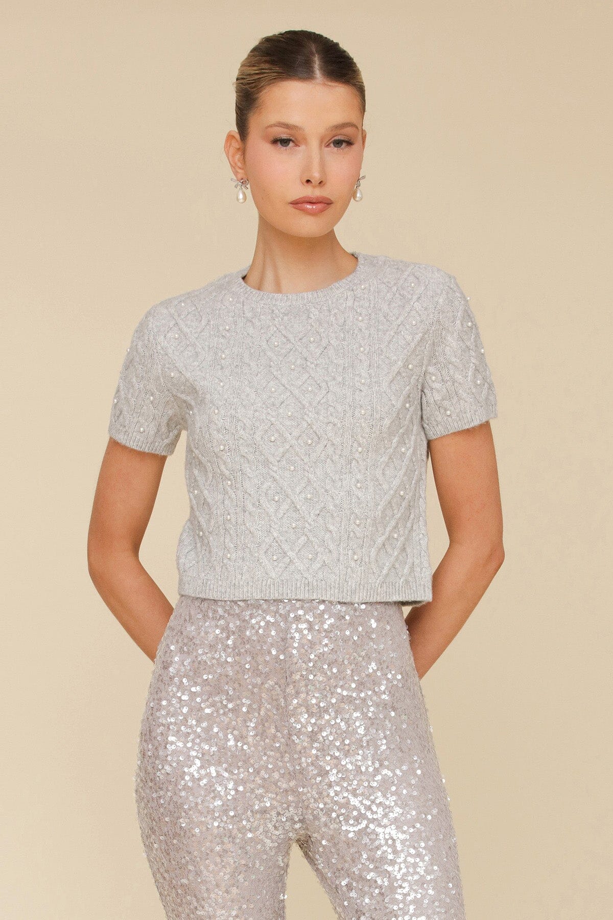 Pearl Embellished Cable Knit Sweater Top