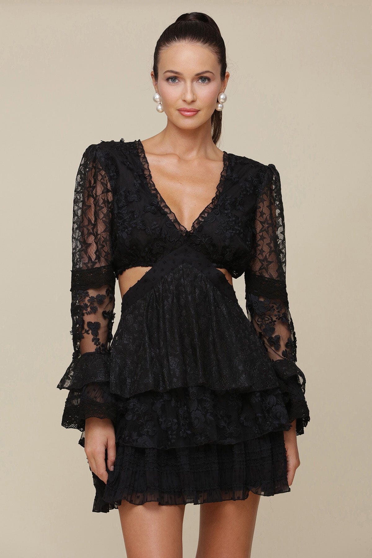 Black Tiered Lace Cut-Out Mini Dress with long sleeve, intricate lace panels, side cutouts and tiered cuffs and skirt - Cute women's dresses by Avec Les Filles