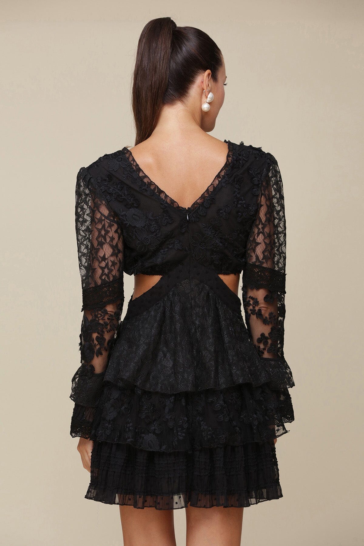 Black Tiered Lace Cut-Out Mini Dress with long sleeve, intricate lace panels, side cutouts and tiered cuffs and skirt - Cute women's dresses by Avec Les Filles