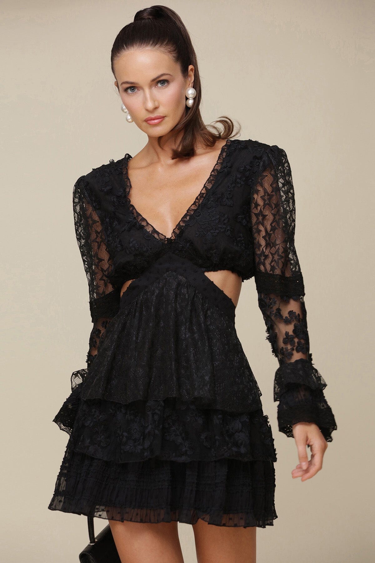 Black Tiered Lace Cut-Out Mini Dress with long sleeve, intricate lace panels, side cutouts and tiered cuffs and skirt - Cute women's dresses by Avec Les Filles