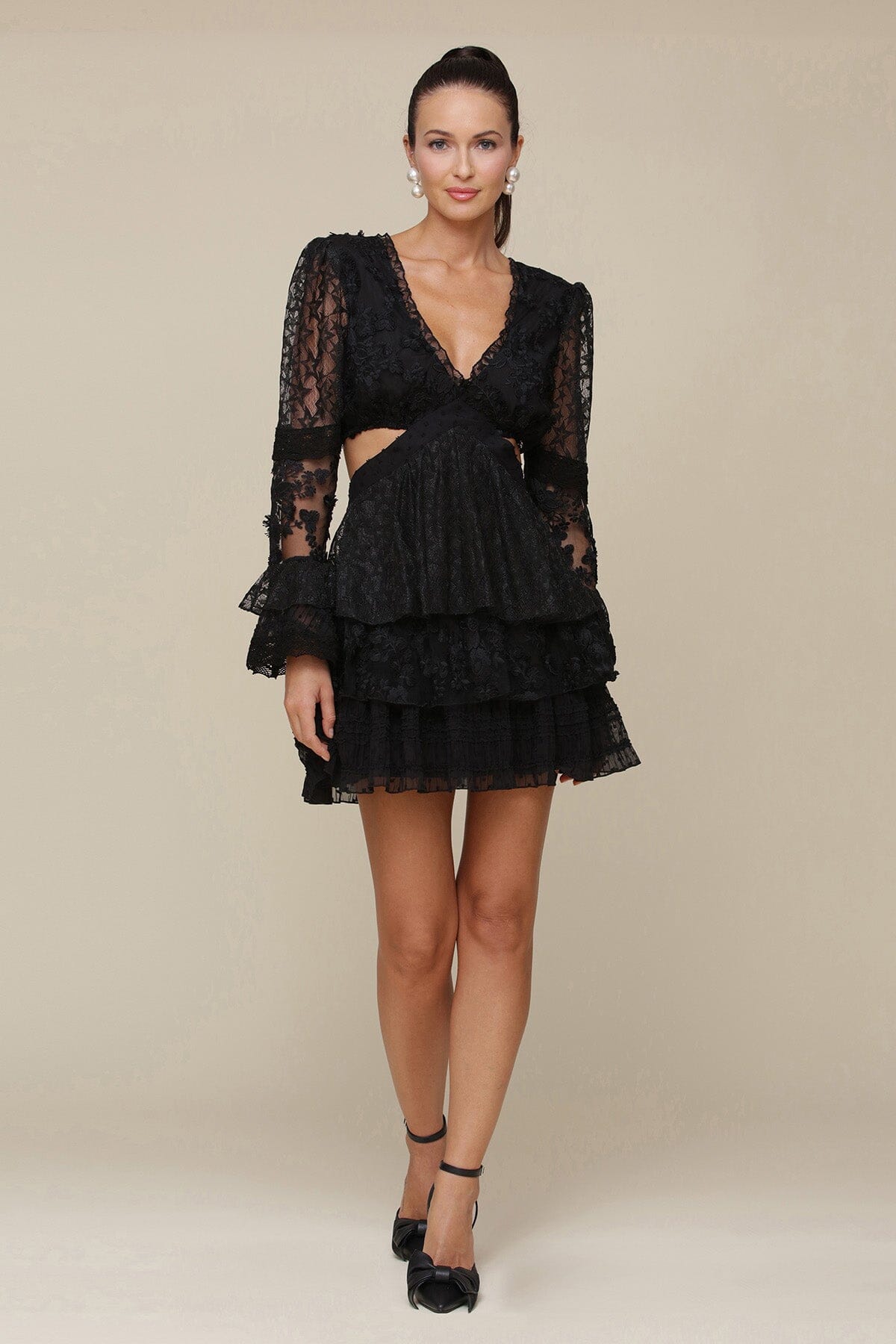 Black Tiered Lace Cut-Out Mini Dress with long sleeve, intricate lace panels, side cutouts and tiered cuffs and skirt - Cute women's dresses by Avec Les Filles