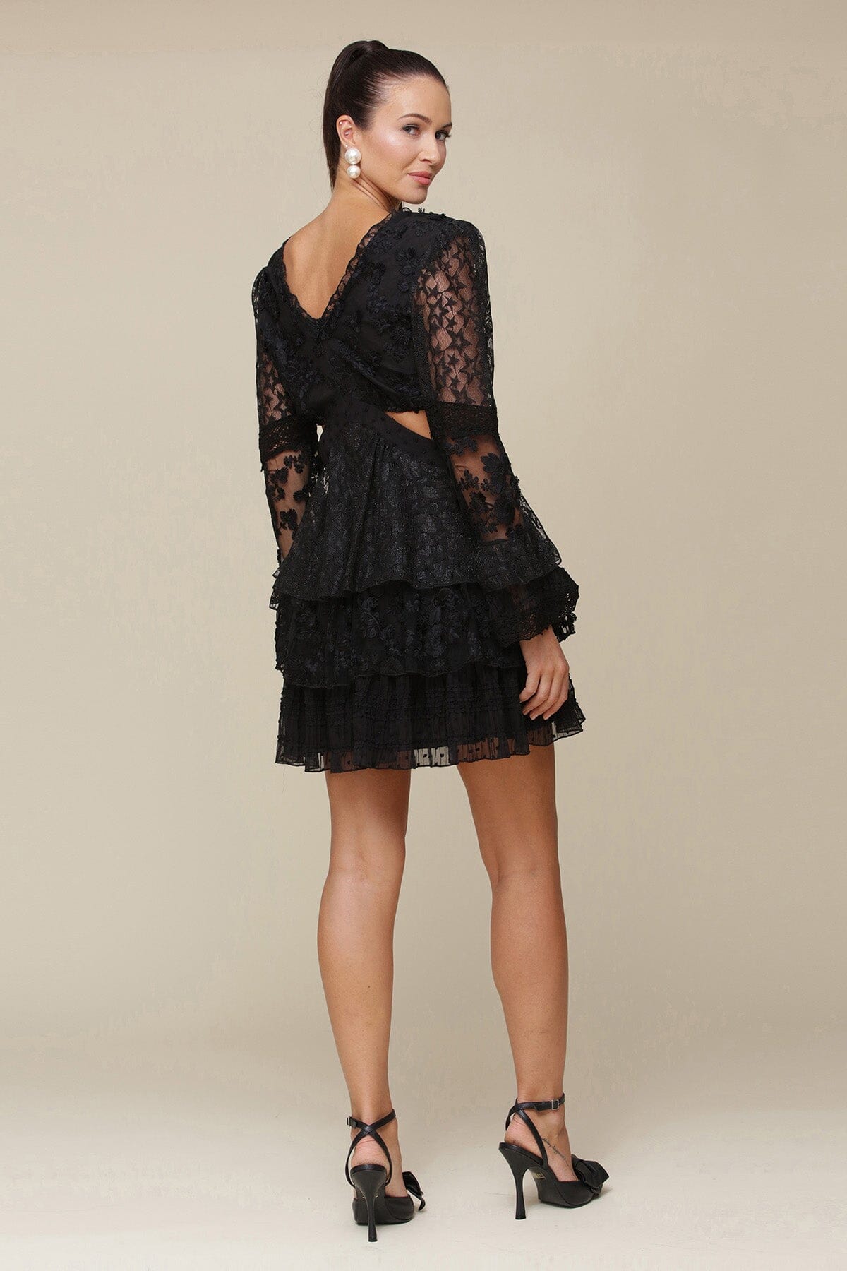 Black Tiered Lace Cut-Out Mini Dress with long sleeve, intricate lace panels, side cutouts and tiered cuffs and skirt - Cute women's dresses by Avec Les Filles