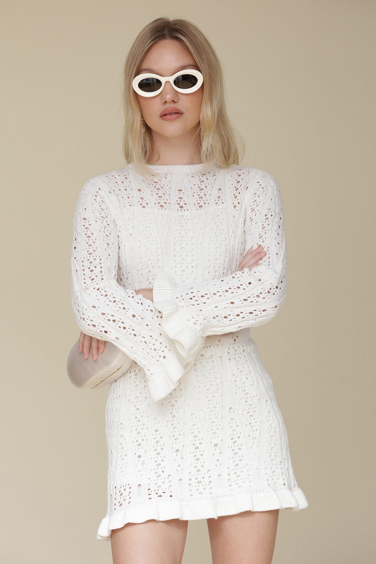 White Crochet Cotton Ruffle Trim Mini Dress with ruffle trim, flared sleeves and interior slip lining - Cute women's dresses by Avec Les Filles