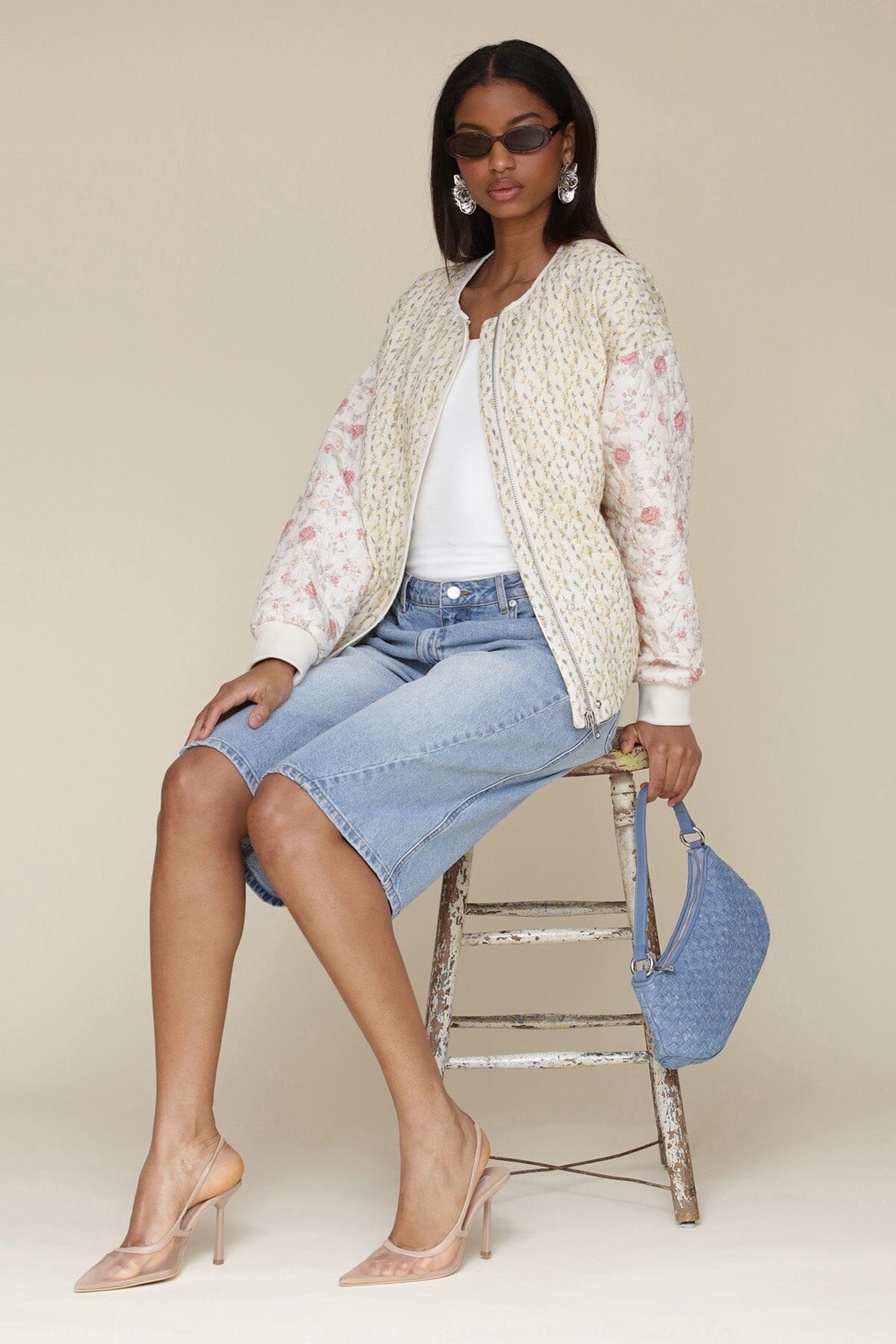 Multicolor mixed floral collarless quilted cotton bomber jacket with center zipper closure, snap placket and drop-shoulders - Cute womens coats & jackets by Avec Les Filles