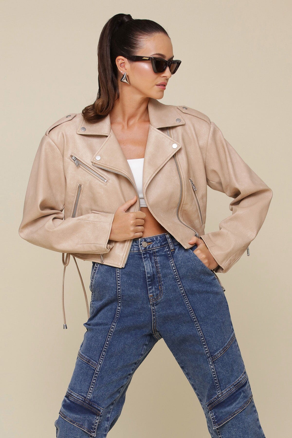 Khaki beige faux leather lace up oversized biker jacket with dropped shoulders, zippered pockets and side lacing - Cute womens coats & jackets by Avec Les Filles