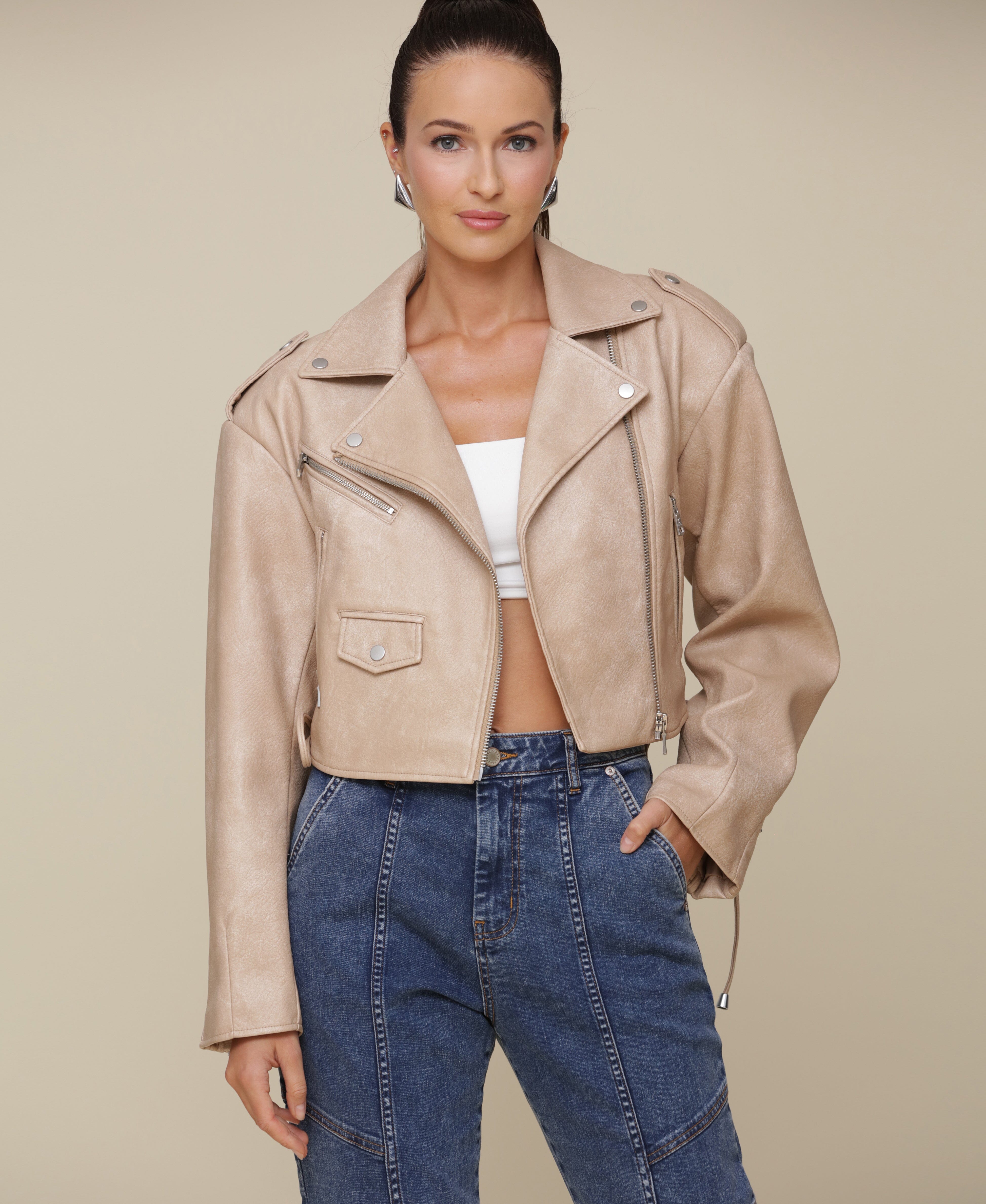 Khaki beige faux leather lace up oversized biker jacket with dropped shoulders, zippered pockets and side lacing - Cute womens coats & jackets by Avec Les Filles