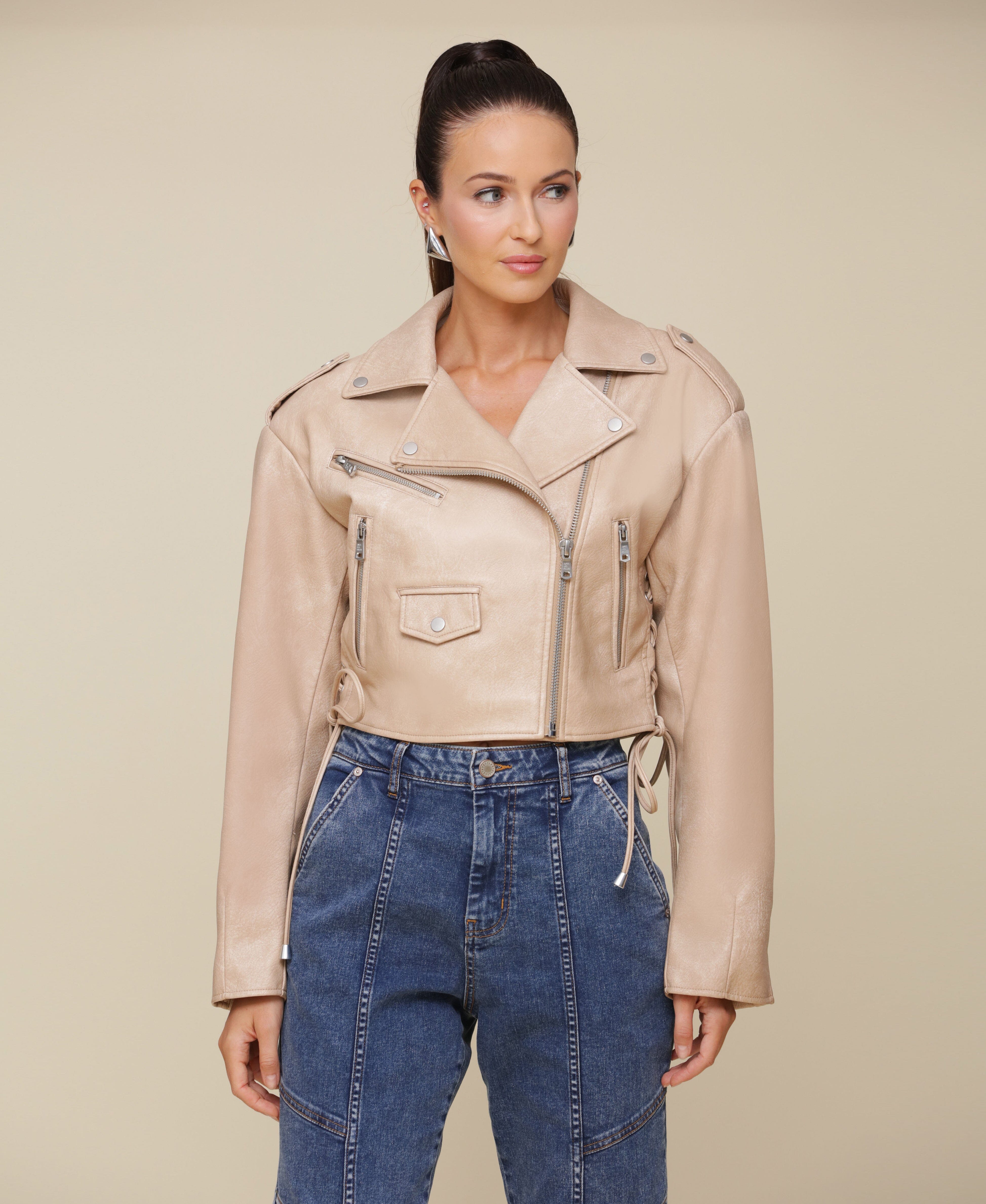 Khaki beige faux leather lace up oversized biker jacket with dropped shoulders, zippered pockets and side lacing - Cute womens coats & jackets by Avec Les Filles