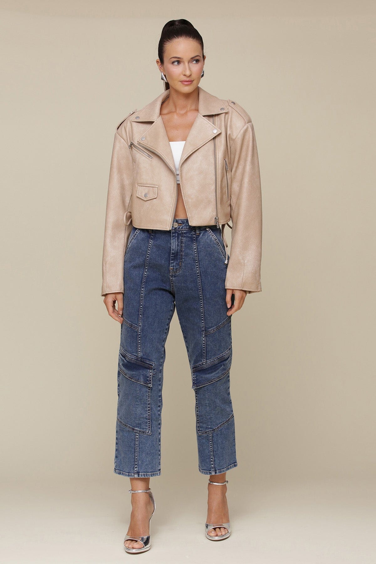 Khaki beige faux leather lace up oversized biker jacket with dropped shoulders, zippered pockets and side lacing - Cute womens coats & jackets by Avec Les Filles