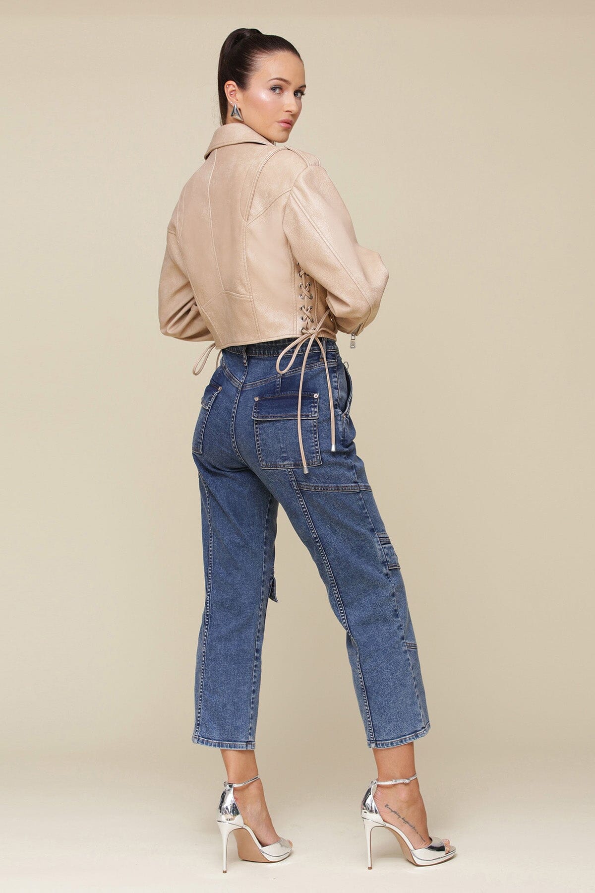 Khaki beige faux leather lace up oversized biker jacket with dropped shoulders, zippered pockets and side lacing - Cute womens coats & jackets by Avec Les Filles